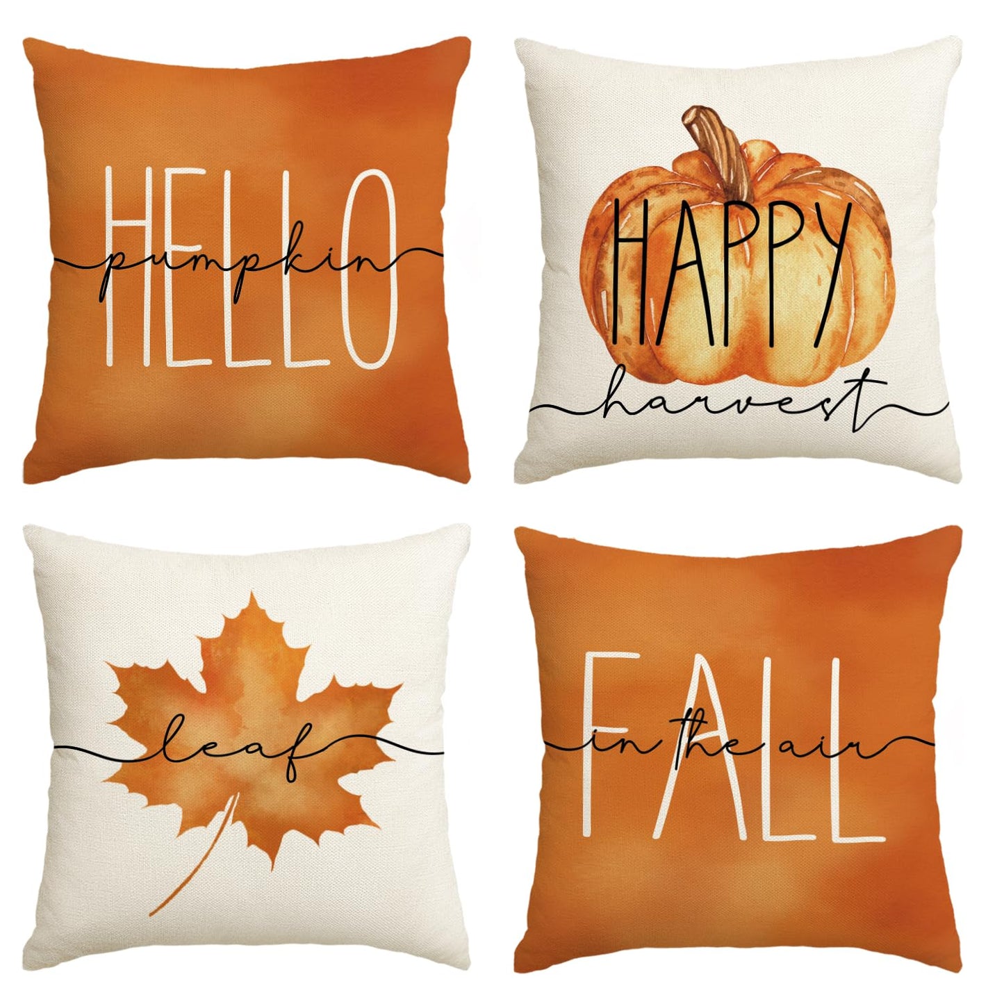 AVOIN colorlife Hello Pumpkin Fall Happy Harvest Maple Leaf Throw Pillow Covers, 20 x 20 Inch Pillows Autumn Seasonal Cushion Case for Sofa Couch Set of 4