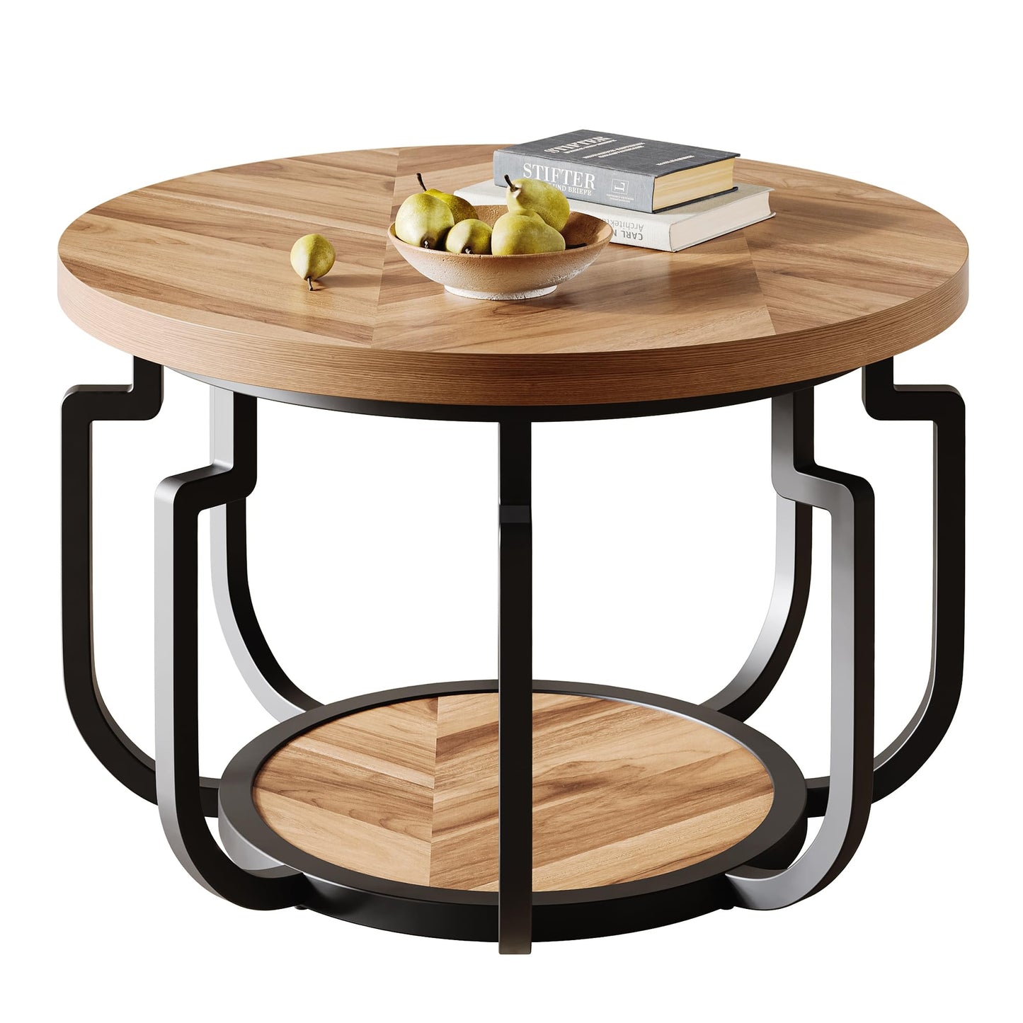 LIKEMET Round Coffee Table, 32" Circle Coffee Table for Living Room with 2-Tier Storage Shelves, Pumpkin Accent Center Table with Wood Grain Desktop for Living Room, Halloween