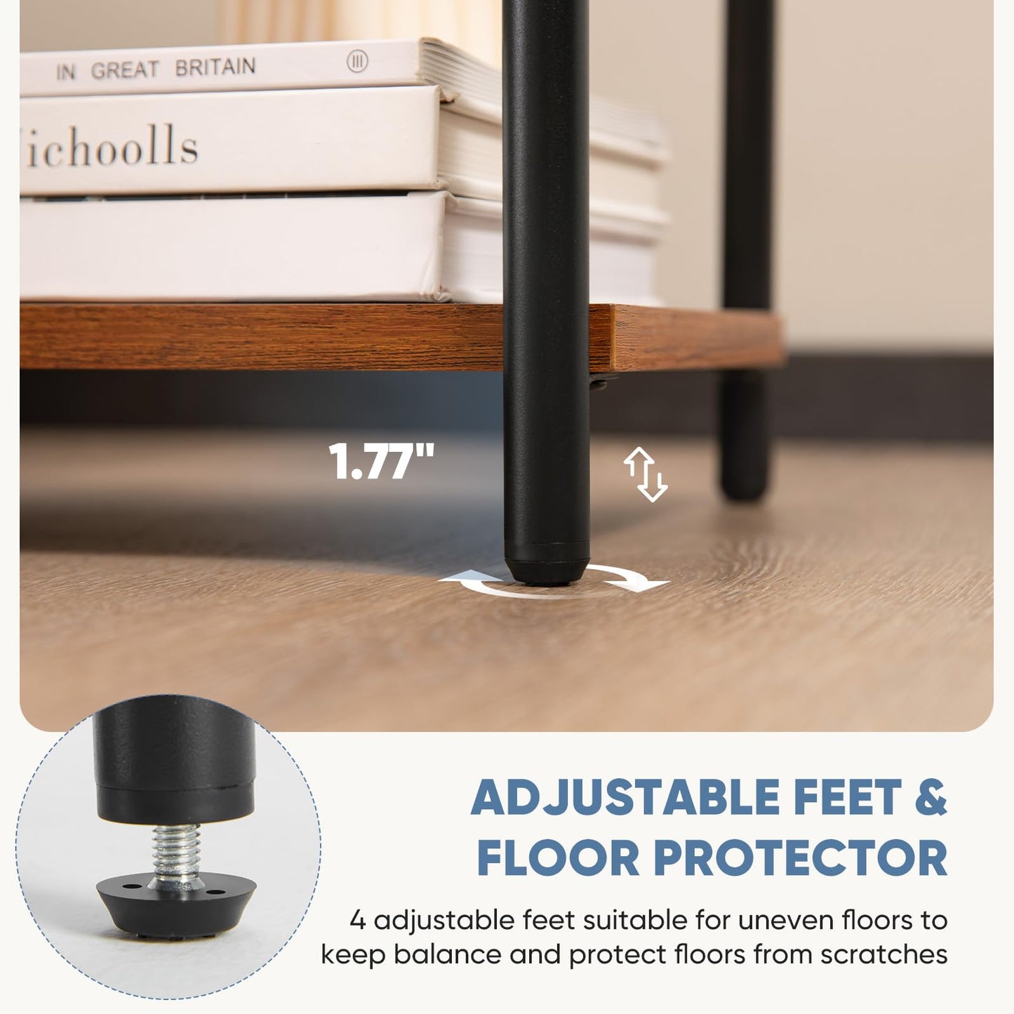 DUMOS End Table, 3 Tier Side Sofa Tables for Small Space, Storage Shelf, Nightstand with Adjustable Feet for Living Room, Bedroom, Office, Set of 1, Rustic Brown