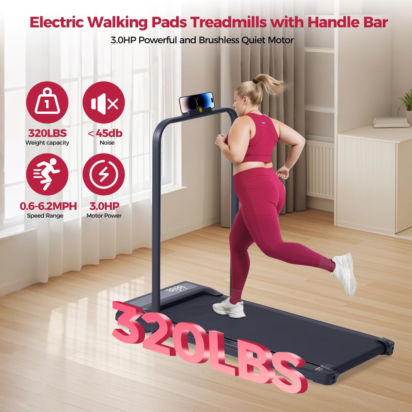 Portable Walking Pad Treadmills with Handle Bar, 3.0HP Folding Foldable Walking Pads Treadmill with Handles, Under Desk Compact Small Treadmill for Home Office Apartment, LED Display, 320LBS