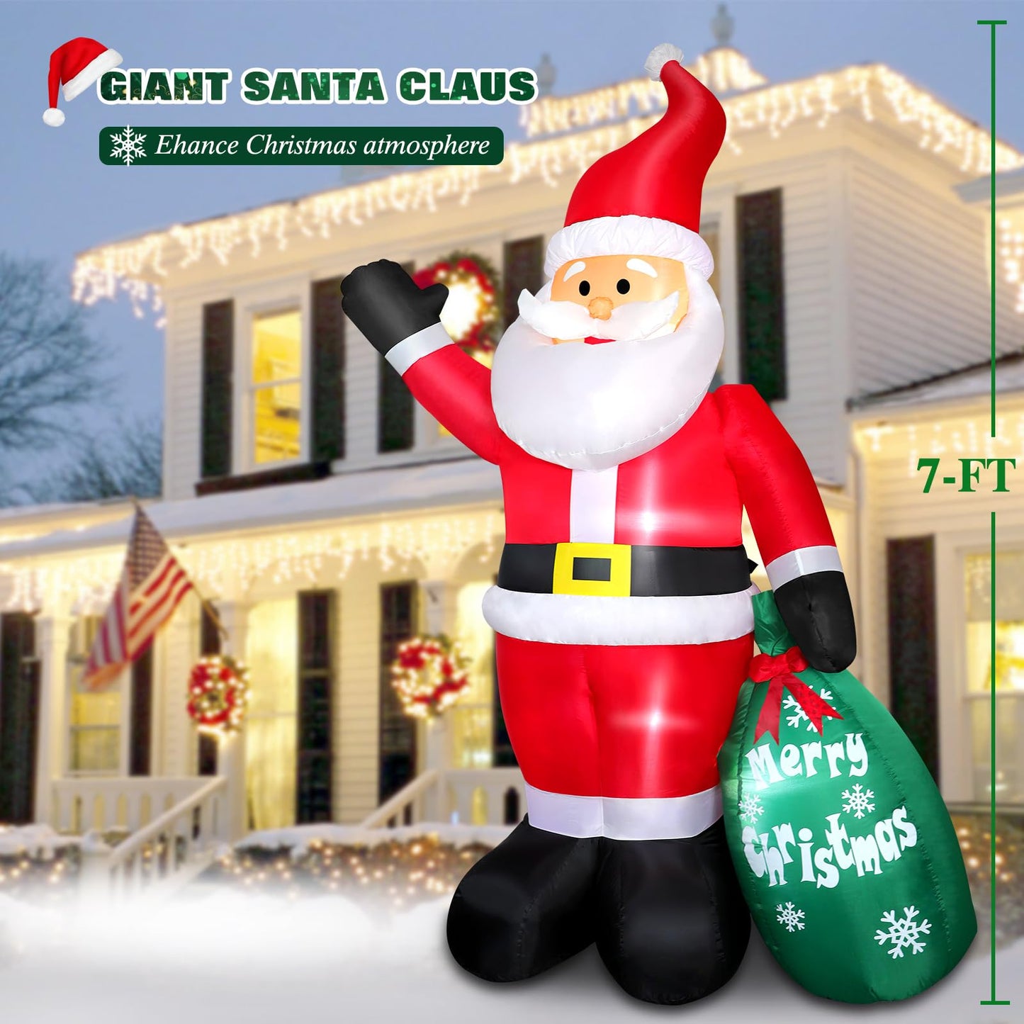 Thanger 7 FT Christmas Inflatable Santa Claus with Green Gift Bag, Blow up Santa Claus Indoor Outdoor Decoration, Built-in LED Lights for Yard Patio Garden Lawn Xmas Vacation Holiday Party Home Decor