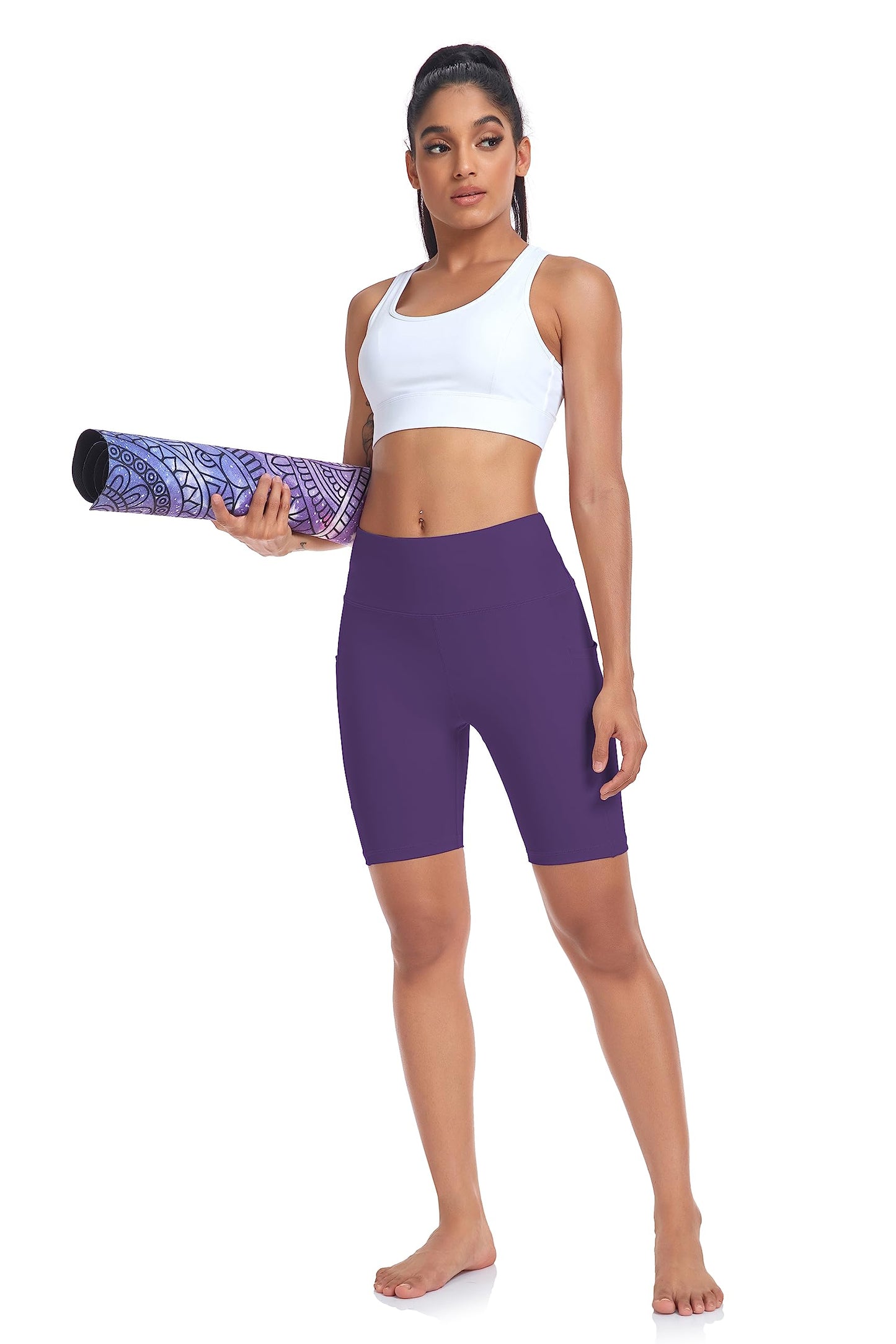 SEEMLY High Waisted Yoga Shorts for Women Tummy Control Fitness Athletic Workout Running Shorts with Deep Pockets Purple