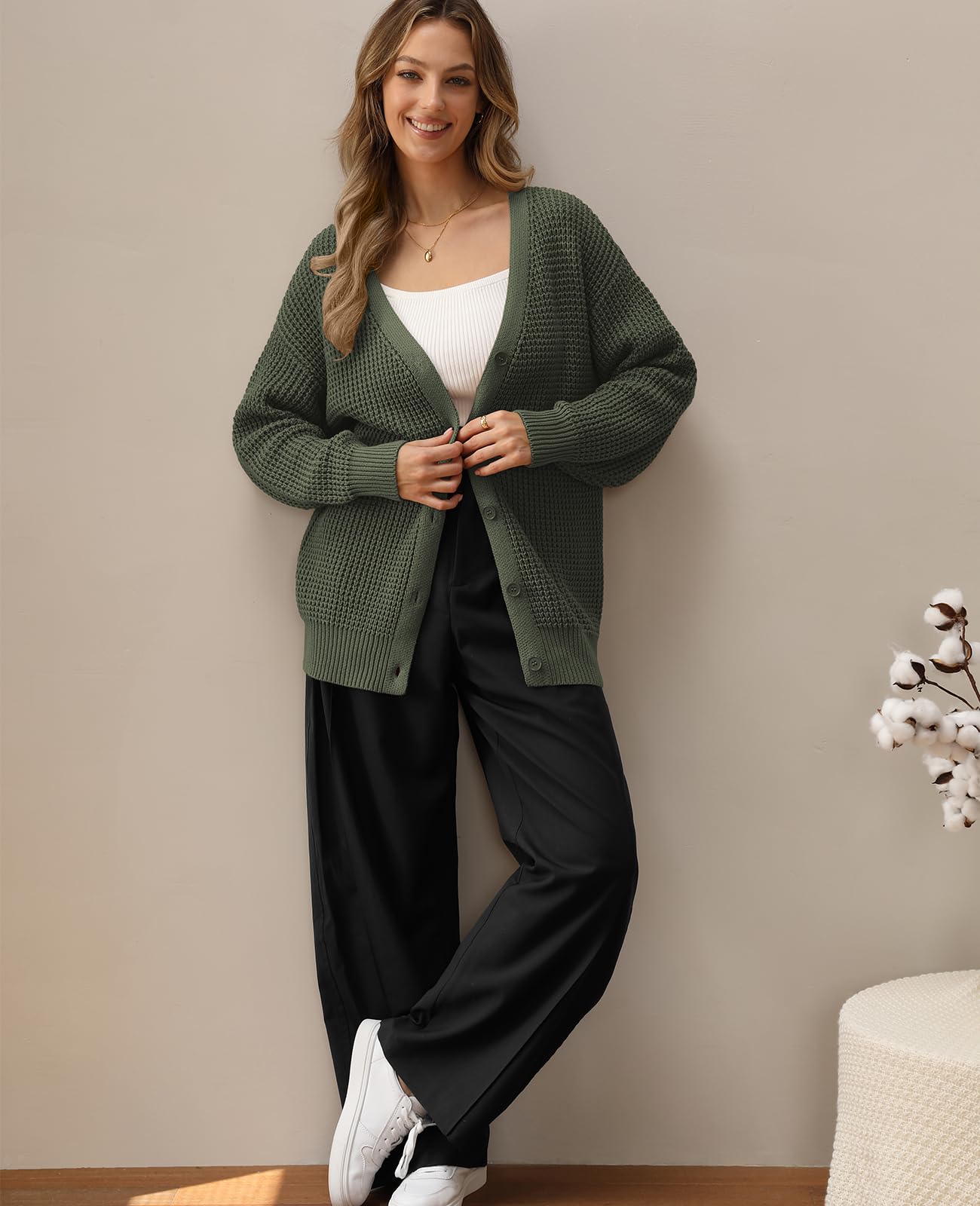 QUALFORT Cardigan Sweaters for Women 100% Cotton Button-Down Long Sleeve Oversized Knit Coatigan Jackets Green Large