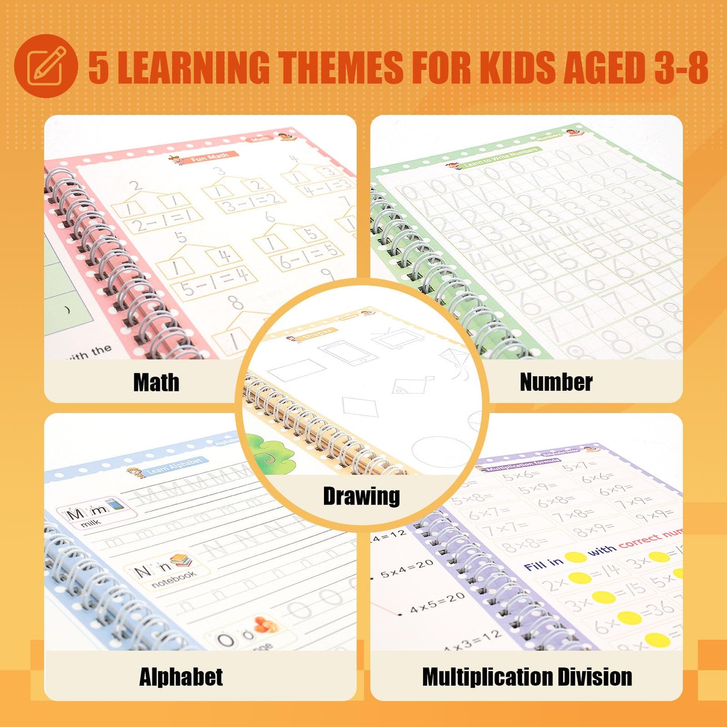 Upgraded Large Size Magic Practice Copybook for Kids, Reusable Grooved Handwriting Practice Book for Preschool Kids Age 3-8 Calligraphy with Catus Pens & Storage Bag (5PCS 7.3 * 10.3 inch)