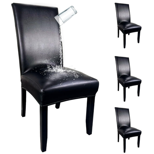 Pu Leather Dining Chair Covers set of 4, Waterproof Kitchen Chair Covers for Protecting Chairs from Stain/Scratch, Soft & Elastic Parsons Chair Slipcover Well-Fitted for Dinning Room(Black, 4Pcs)