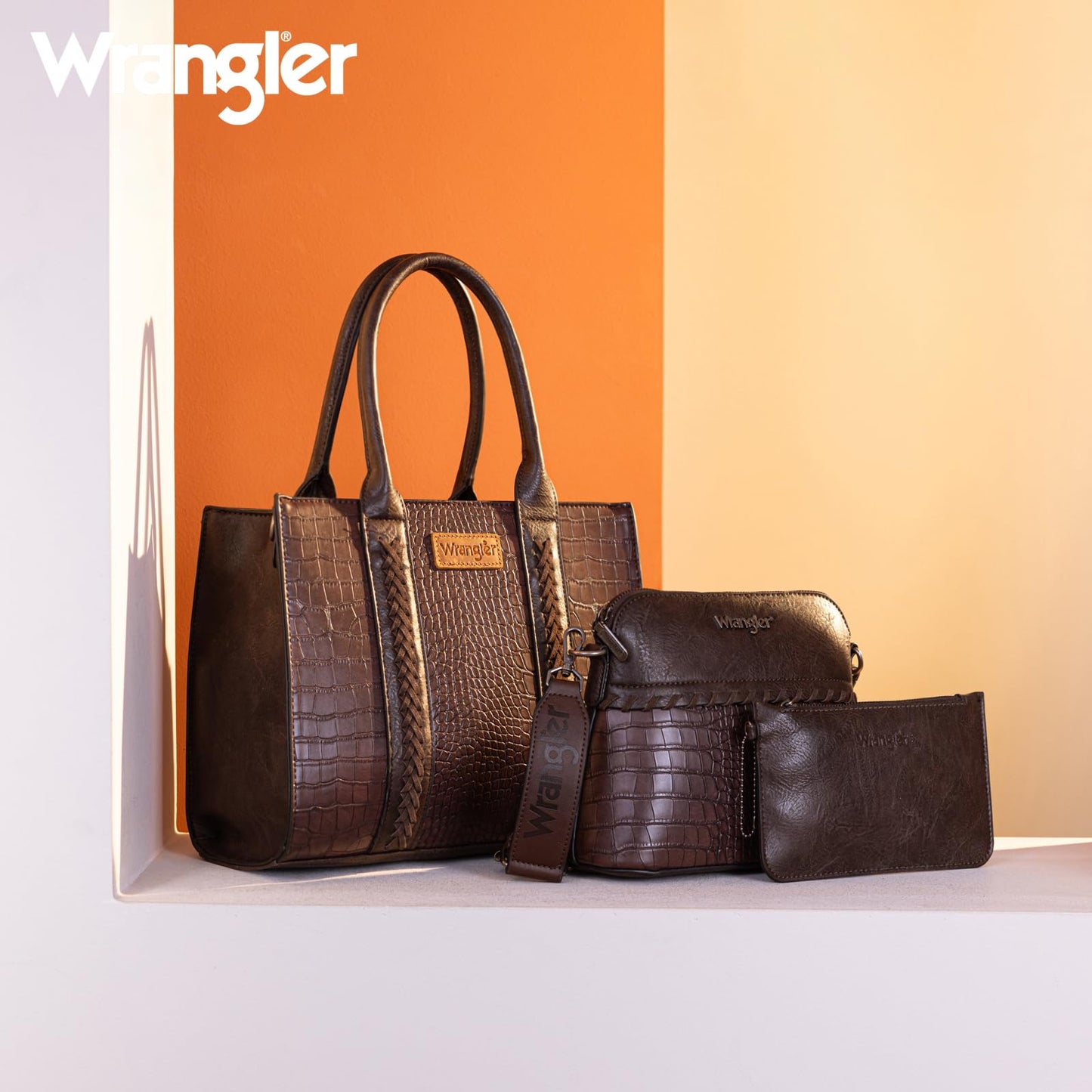 Wrangler tote bag for womens purses and handbags for women Crocodile coffee satchel bags 3pcs purse set gifts medium crossbody with guitar strap WG3-B8321CF