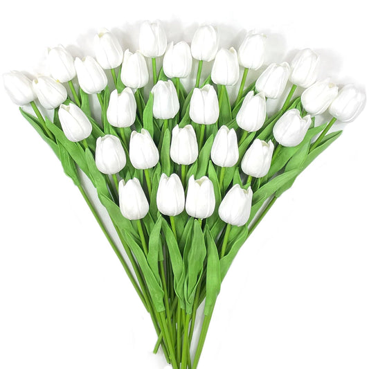 Subacy 30 PCS Artificial Tulips 13.5inch Long Fake Flowers Real Touch Tulips Silk Flowers for Spring Easter Mother's Day Decorations (White)