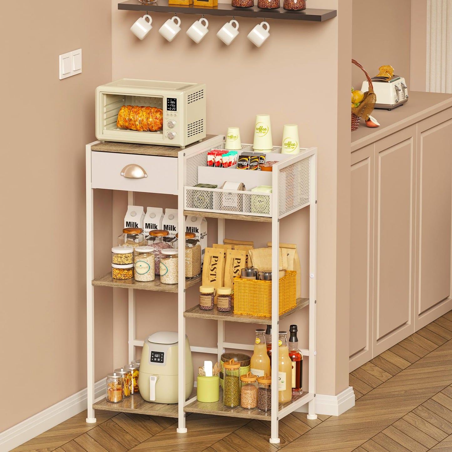 Coffee Bar Station with Drawer, 6 Tier Coffee Table with Dividers for Organizing, 3 Tier White Storage Stand for Living Room/Kitchen/Bathroom