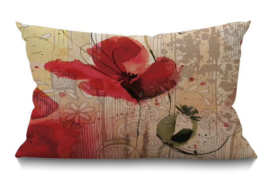 Smooffly Flower Pillow,Home Decorative Throw Pillow Cover Red Poppy Flower Beige Floral Waist Lumbar Cotton Linen Throw Pillow case Cushion Cover Sofa Home Decorative Rectangle Oblong 12x20 Inches