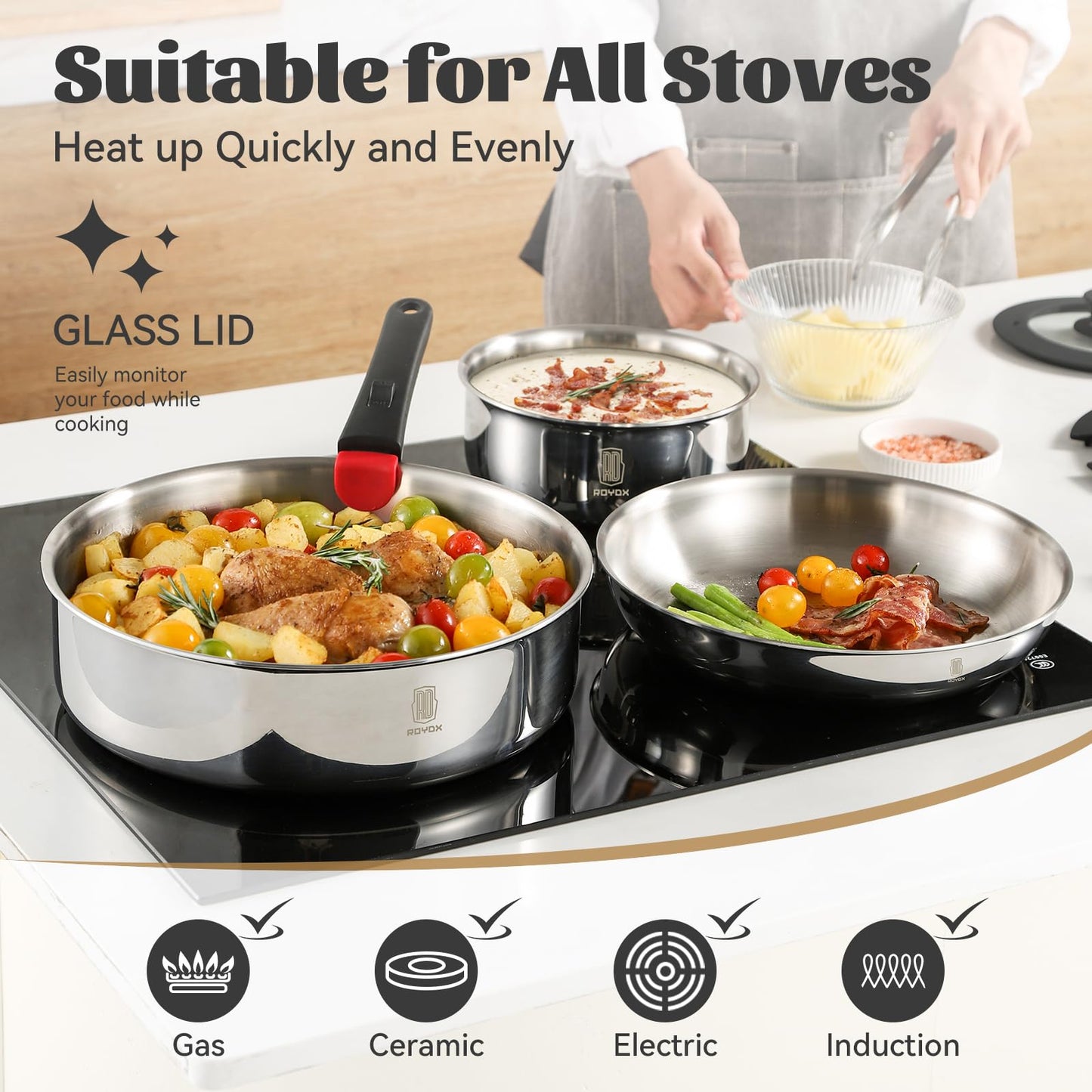 ROYDX 20pcs Pots and Pans Set, Stainless Steel Cookware Set Detachable Handle, Induction Kitchen Stackable RV Cookware Sets, (Camper, Boat, Small Kitchen), Dishwasher Safe&Oven Safe, PFOA Free, Silver