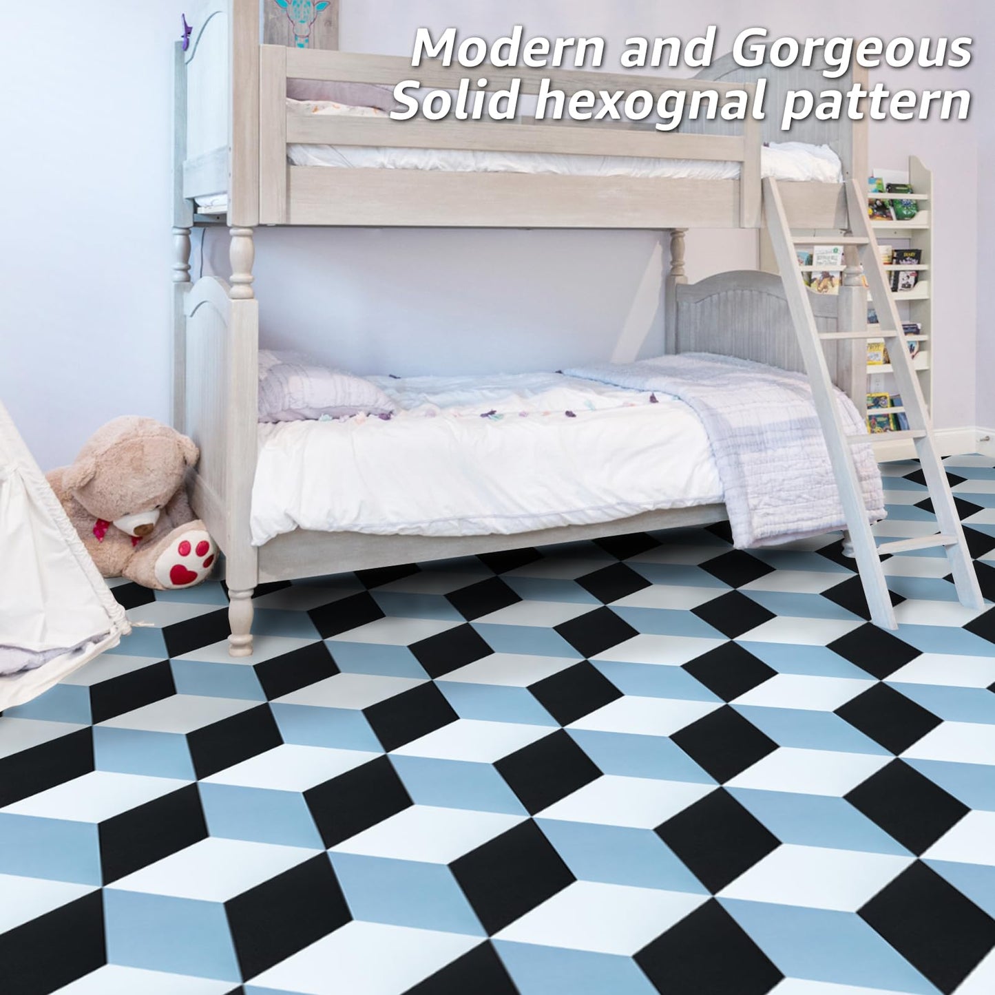 Art3d 30-Pack Hexagon Peel and Stick Flooring Tile, Self Adhesive Waterproof Vinyl Floor Tile for Kitchen Bathroom Living Room Bedroom, 11.8" x 10.2" Blue/Black/White