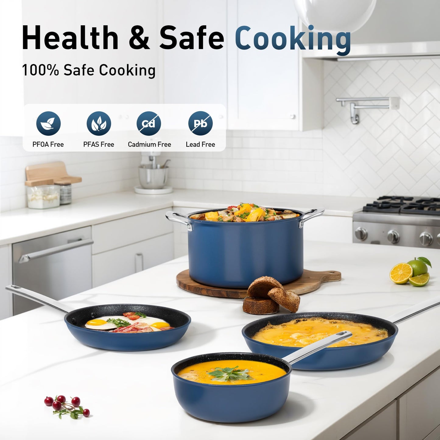 MAISON ARTS Plasma Titanium Coating Non stick Cookware Sets, 6 Piece Induction Pots and Pans Set, Non-Toxic Deep Frying Pan and Casserole with Silicone Glass Lid