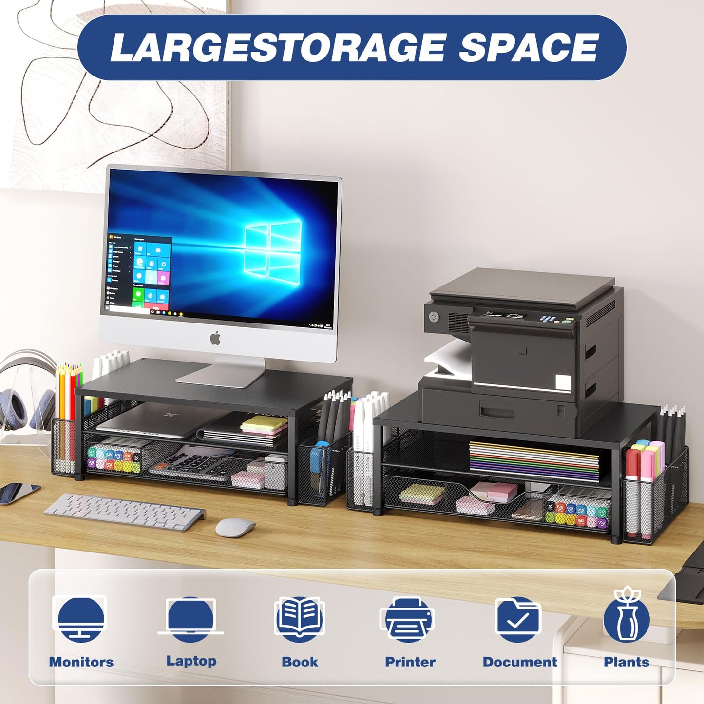 OPNICE Desk Organizer and Accessories, 2-Tier Computer Monitor Stand Riser with Drawer and 2 Pen Holders, Office Desk Accessories for Office Supplies, Black