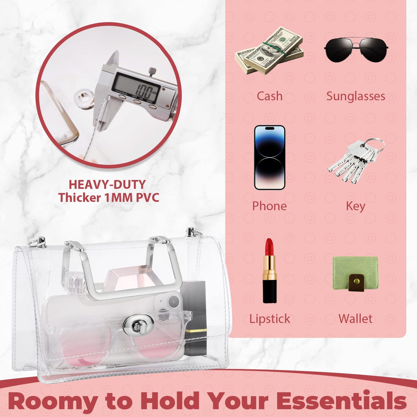 BS-VOG Clear Purse for Women Stadium Approved, Clear Crossbody Bag, Small Cute Clutch Handbag with Chain Strap for Sport Event Concert