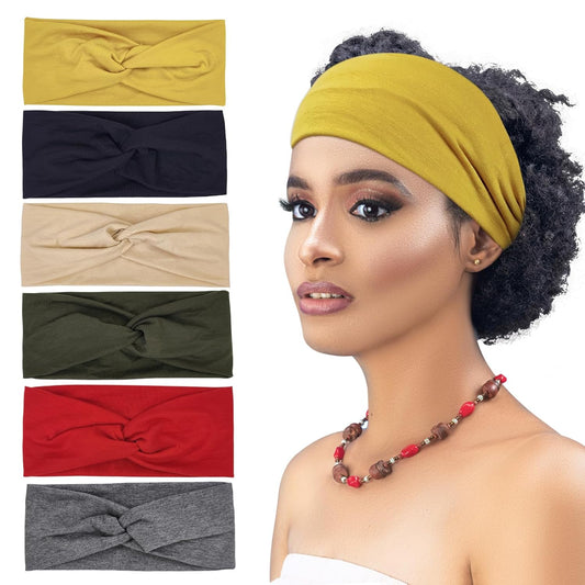 6 Pack Women's Non-Slip Wide Stretchy Twist Cross Headbands - Solid Colors Ideal for Yoga, Fitness, and Daily Use