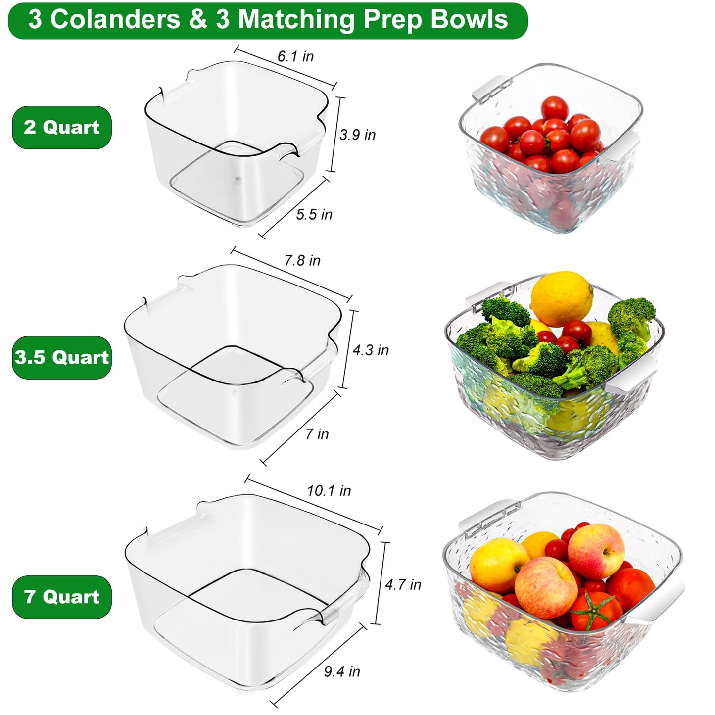 Taiuloo 6-Piece Colander Strainer Bowl Set, BPA-Free Plastic Fruit & Vegetable Washing Basket, Kitchen Colanders & Mixing Bowls for Pasta Berry Salad, 2/3.5/7QT