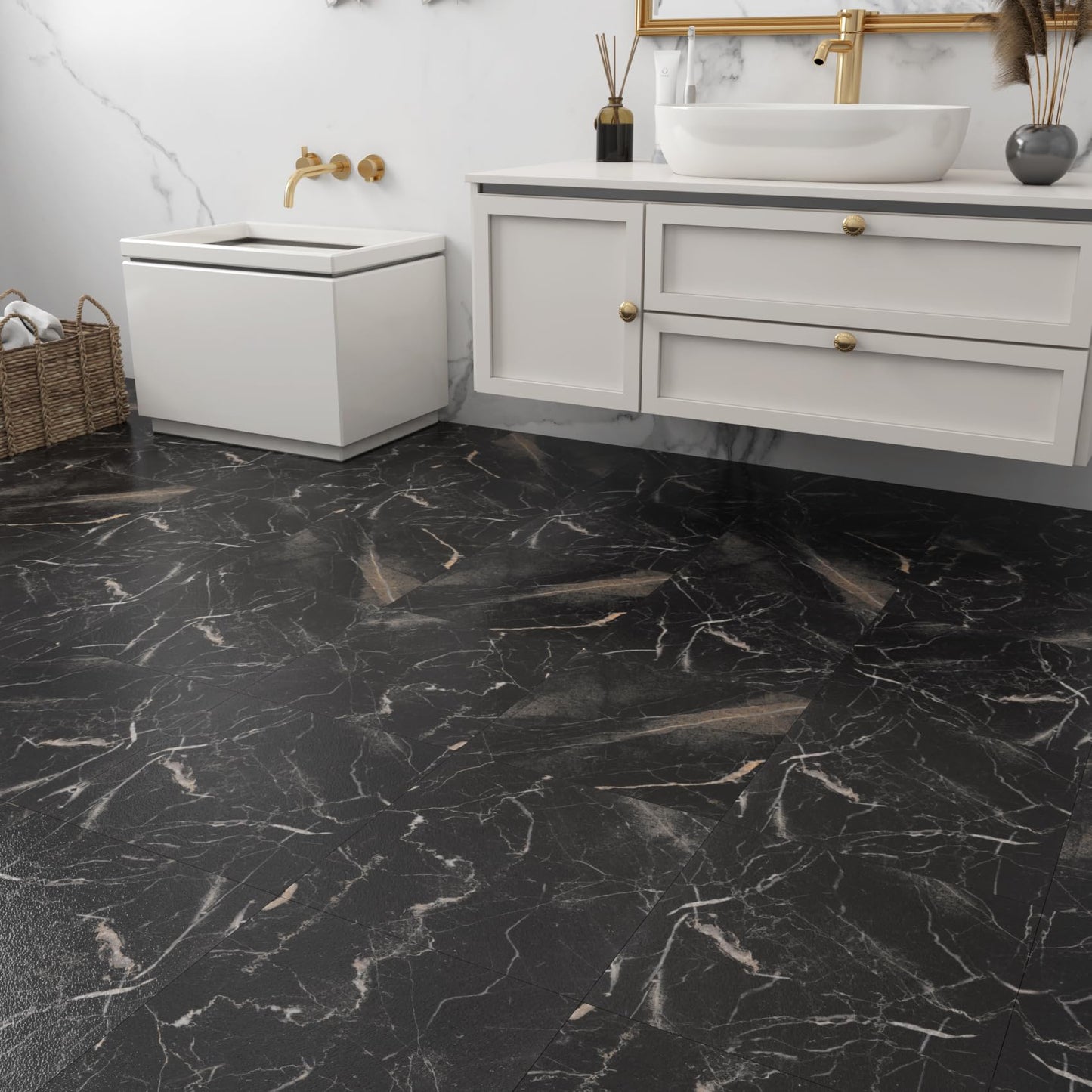 Decotalk 30-Sheet Peel and Stick Flooring Tile Floor Black Floor Tile for Bathroom Kitchen 12x12 Inch Black Marble Tile Floor Shower Floor Tile Self Adhesive Floor Tile Vinyl Peel and Stick Floor Tile