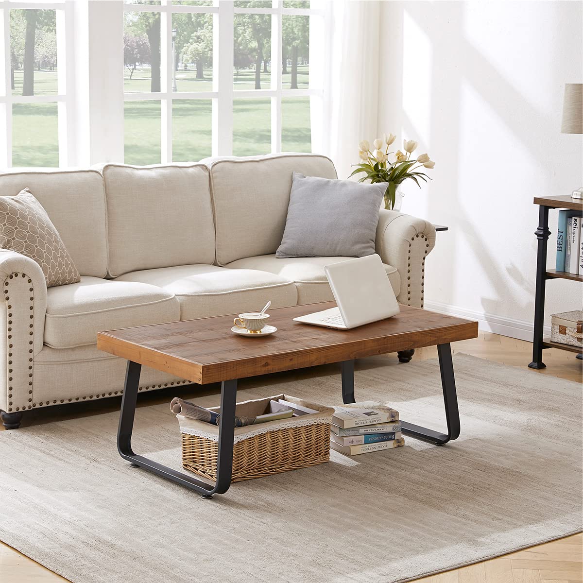 IBF Natural Wood Coffee Table, Rustic Solid Wood Center Table for Living Room, Rectangle Metal and Real Wooden Tea Table, Modern Industrial Minimalist Wooden Cocktail Tables, Rustic Brown, 47 Inch