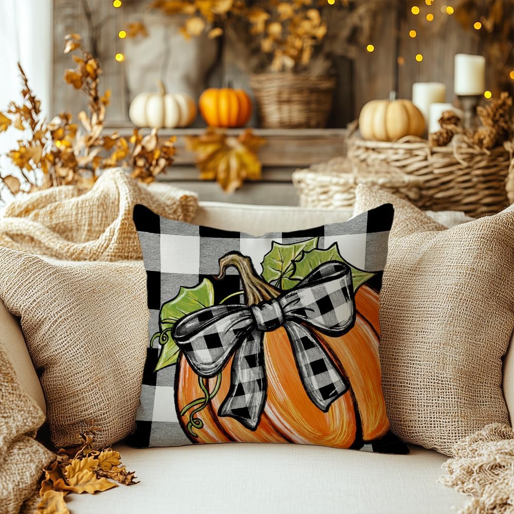 AACORS Fall Pillow Cover 18x18 Inch Pumpkin Bowknot Decorations Farmhouse Buffalo Plaid Autumn Throw Pillow Case Decor for Home Sofa Couch AA734-18