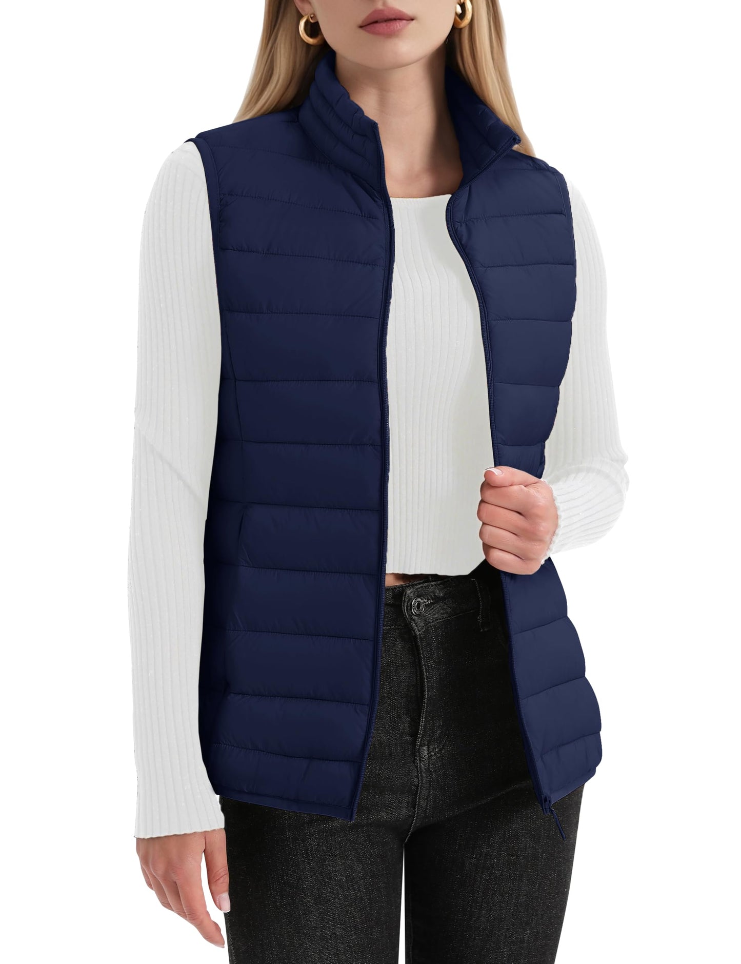 YUCOLEN Women's Puffer Vest Lightweight Trendy Stand Collar Quilted Padded Puffy Vests Sleeveless Jackets Fall Winter Outerwear Navy M