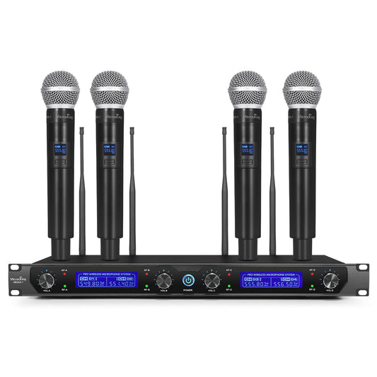 MicrocKing Wireless Microphone System, with 4 Handheld Mics, Metal Build, Fixed Frequency, Long Range 400ft, Ideal for Party/Wedding/Church/Conference/Speech