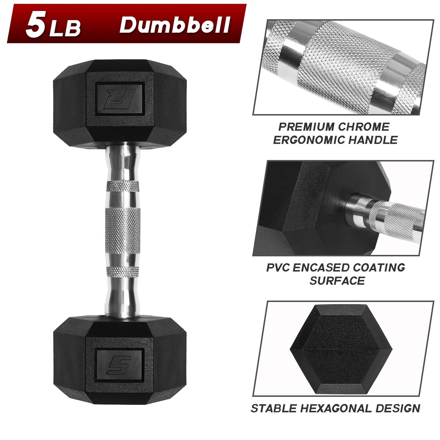 Ritfit 5-650 LBS PVC Encased Hex Dumbbell Sets with Optional Rack for Home Gym, Hand weight with Chrome Handle for Strength Training,Workouts,5LB