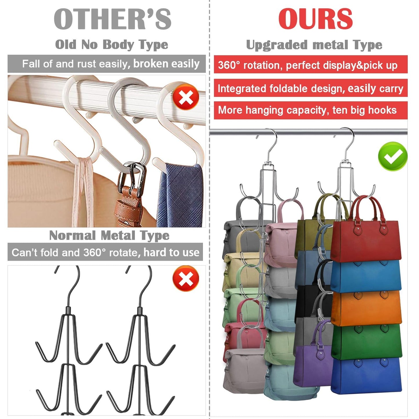 Purse Hanger for Closet, Collapsible Metal Purse Organizer with 20 Big Hooks(2 Pack), 360° Rotation for Better Organizer&Display, Foldable Bag Hangers Space Saving for Handbag, Belt, Scarve, Tie