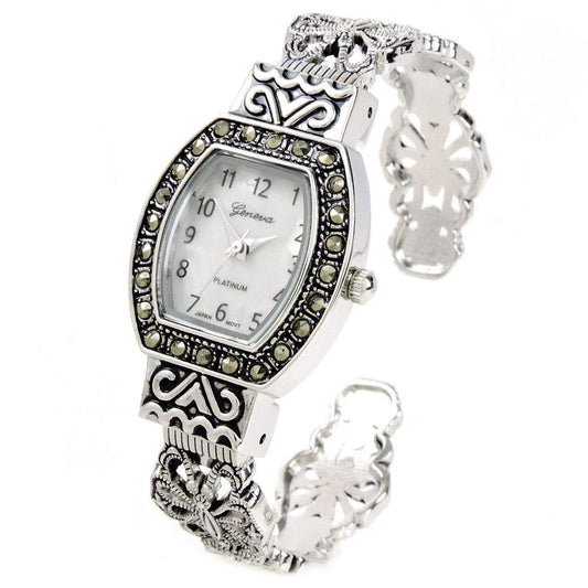STC Silver Black Vintage Style Marcasite Rectangle Face Bangle Cuff Watch for Women