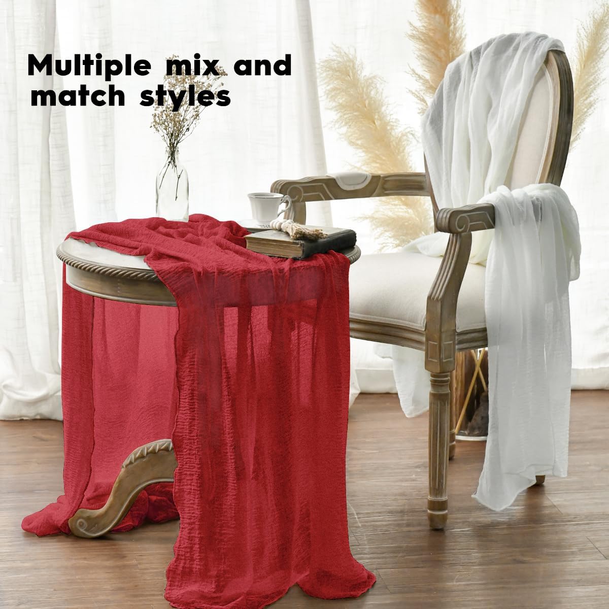 Artoid Mode Boho Cheesecloth Gauze Red Wedding Table Runner, 160 Inch Seasonal Christmas Fabric Kitchen Dining Holiday Table Decor for Home Party Indoor