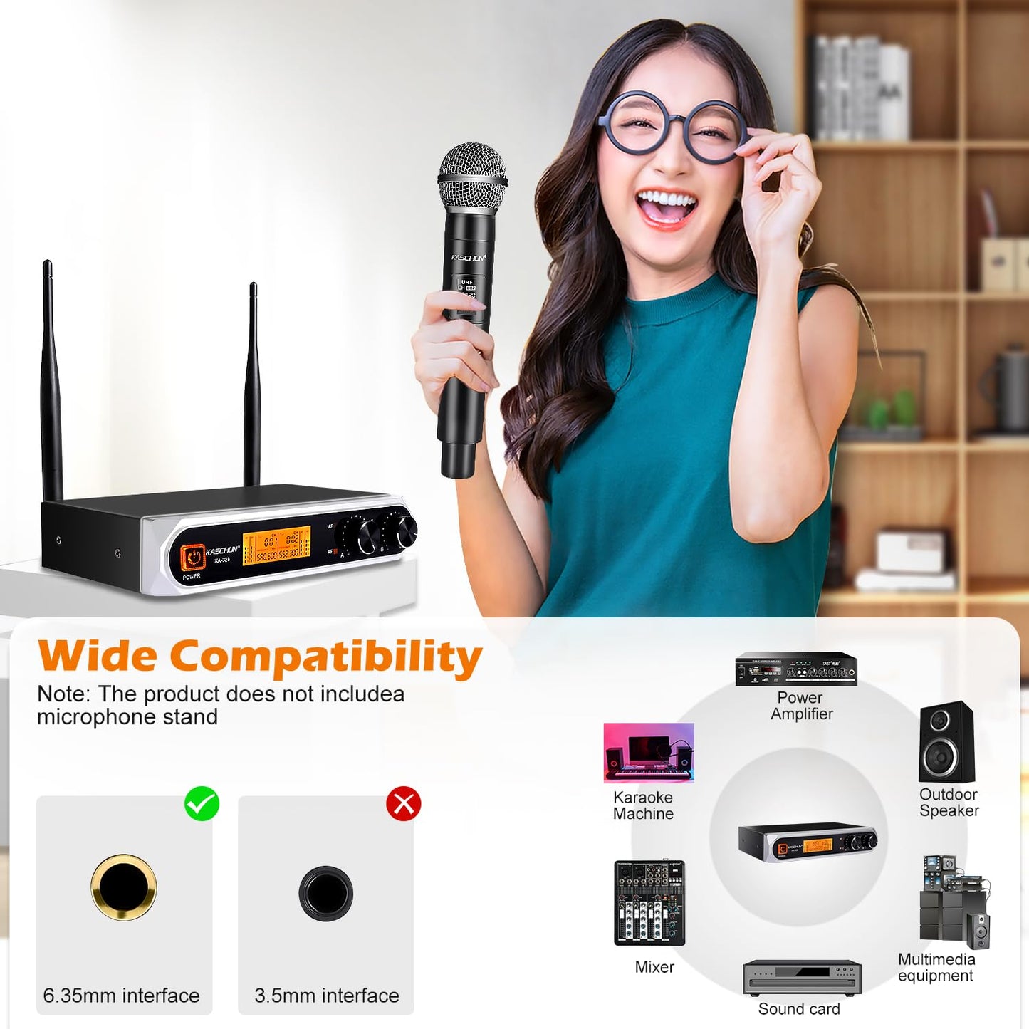 Kaschun Wireless Microphone, Professional Cordless Dynamic Wireless Microphone System, Microfono Inalambrico Professional,100ft Range, Suitable for DJ, Church, Karaoke, Home and KTV (KA-328)