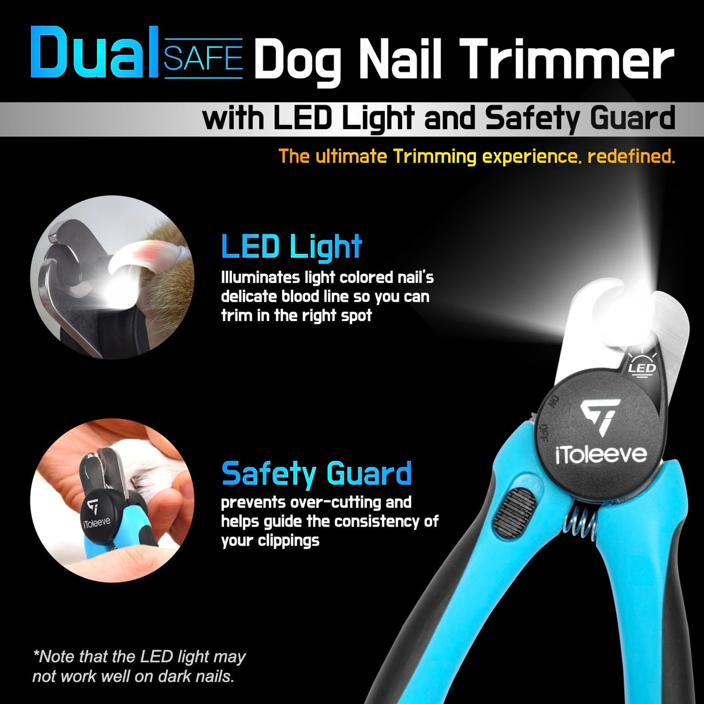 iToleeve LED Dog Nail Clipper with Light, Illuminates Nails or Bloodline for Safe and Easy Trimmers, Extra Sharp for Thick Nails, Quick Sensor, Avoid Over Cutting Toenail, for Cats & Dogs