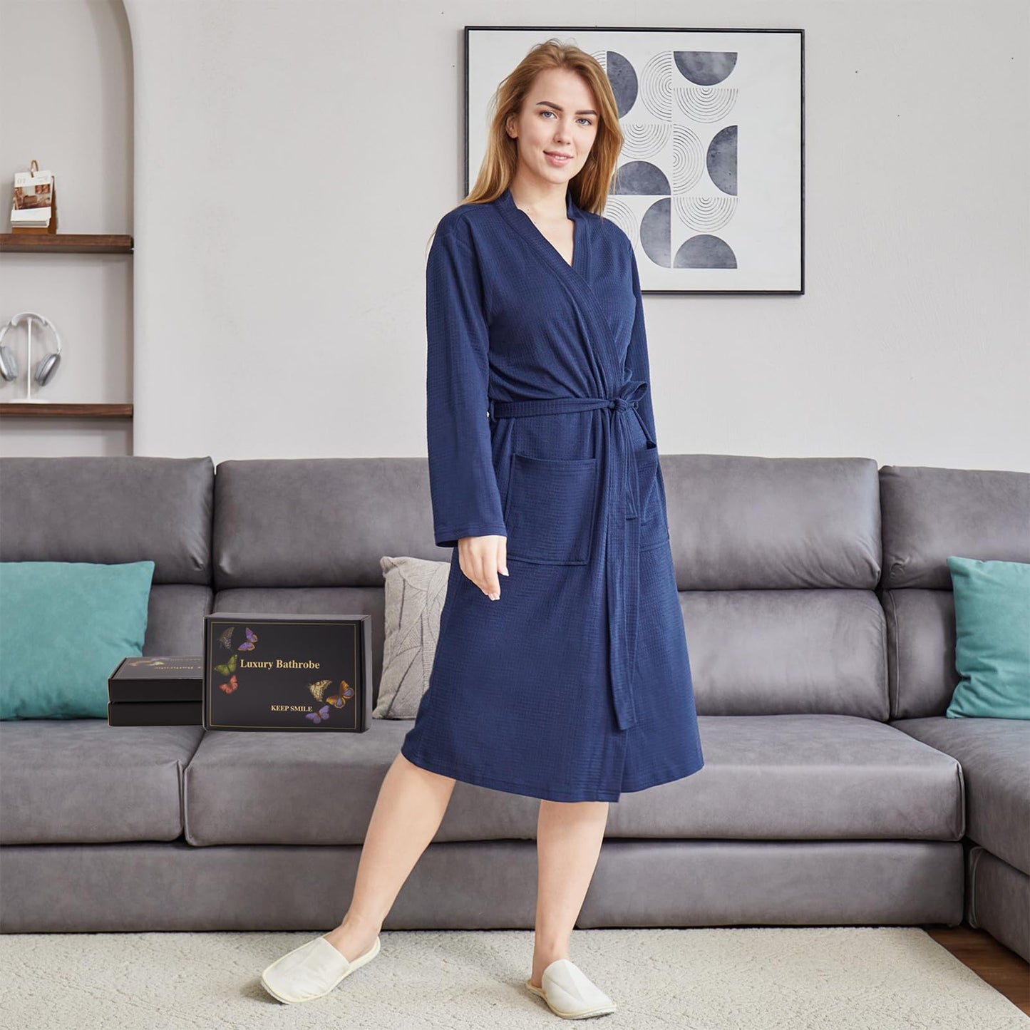 Dowesrobe Women's Robes Luxury cotton Lightweight Summer Long Plus Size BathRobes for Women Soft Kimono Spa Knit Waffle Robes(X-Large,Navy)