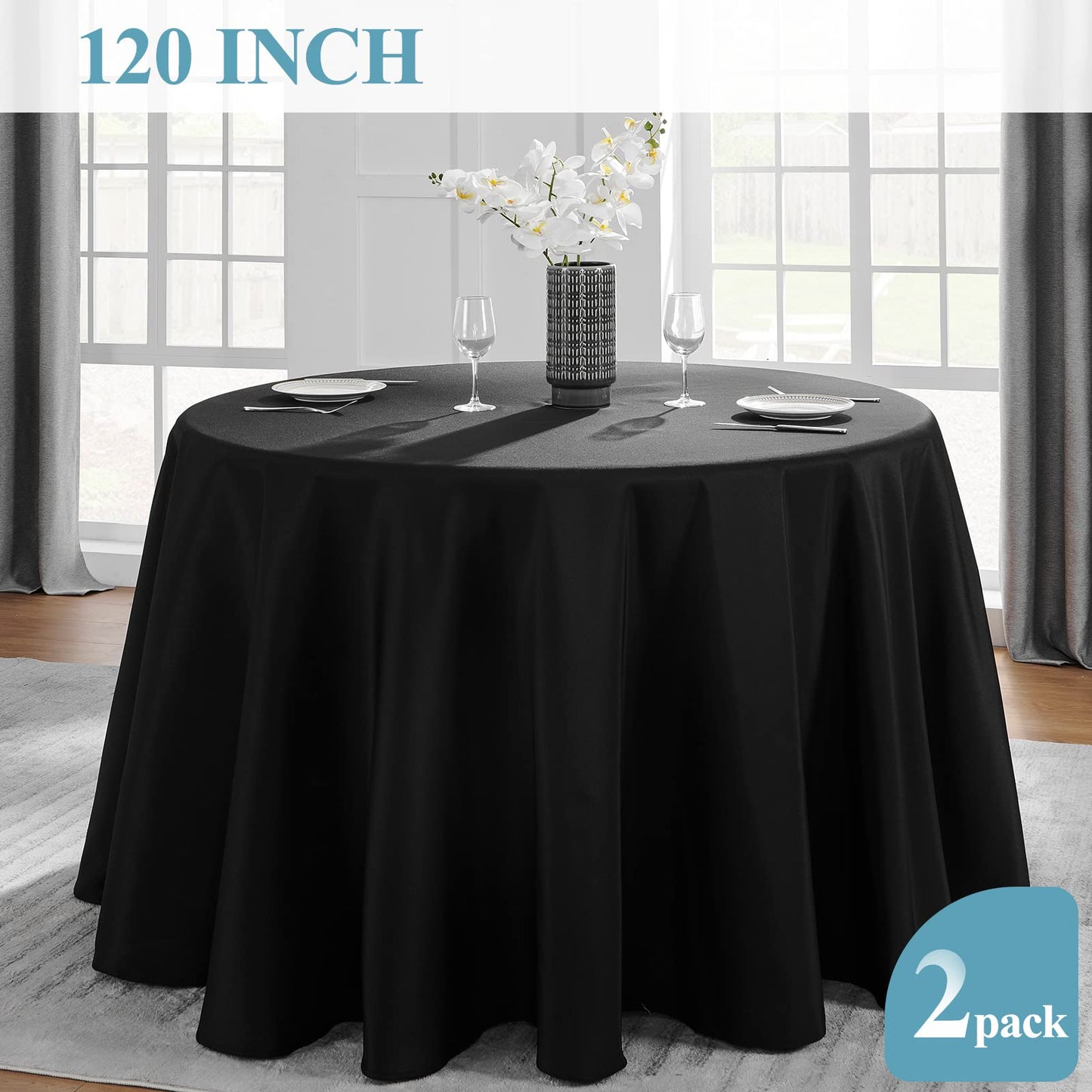 Vidafete 2 Pack 120inch Round Tablecloth Polyester Table Cloth，Stain Resistant and Wrinkle Polyester Dining Table Cover for Kitchen Dinning Party Wedding Rectangular Tabletop Buffet Decoration (Black)