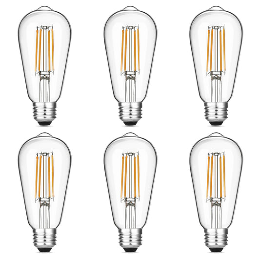 Gozelux Vintage LED Edison Bulbs 6W, Equivalent 60W Incandescent, Warm White 2700K, ST58 Antique LED Filament Bulbs with 90+ CRI, E26 Medium Base,Dimmable, Clear Glass, Pack of 6
