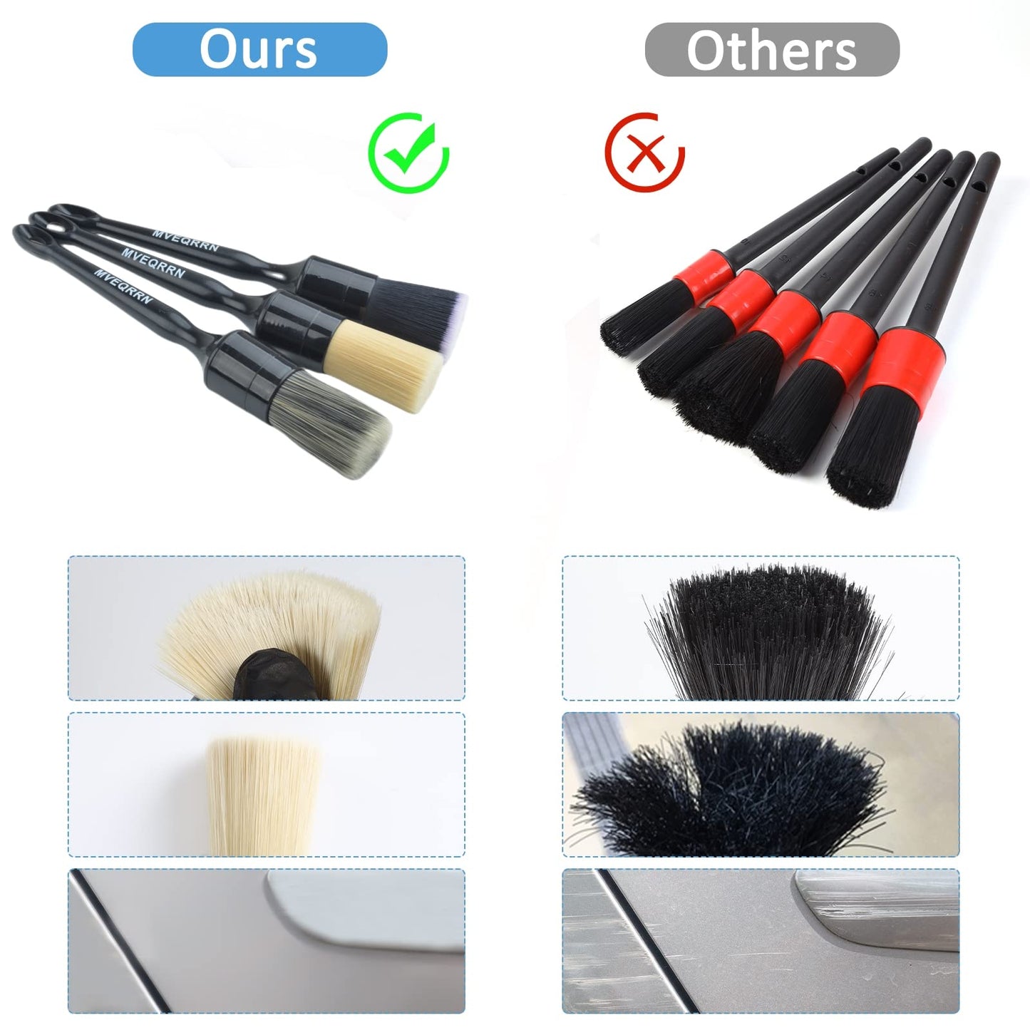 MVEQRRN 3pcs Car Detailing Brush Set-1pcs Boars Hair Car Detailing Brushes,1pcs Ultra Soft No Scratch Detailing Brush for Air Vent,Leather Seat 1pcs Detail Brushes car Detailing for Interior Exterior