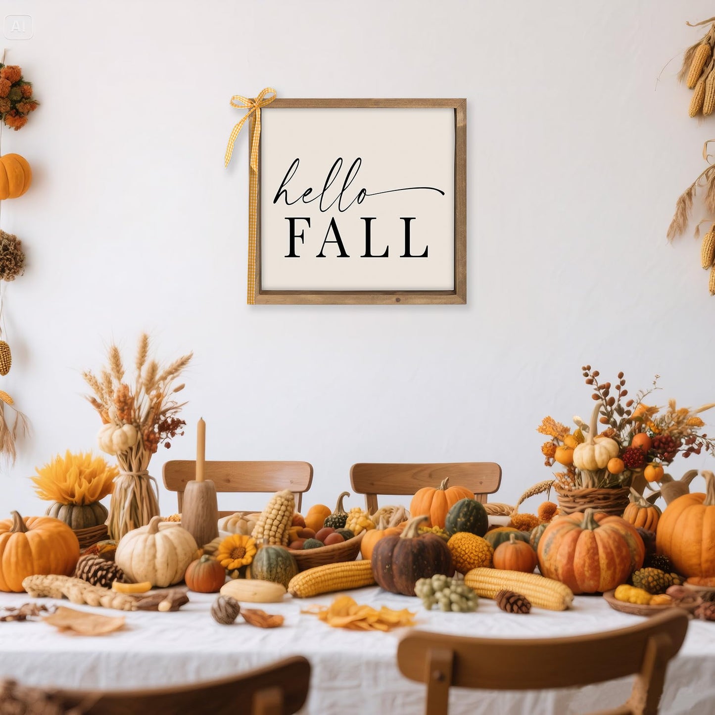 pechpell Wooden Hello Fall Sign, 11.8 Inch Autumn Decorative Signage Plaques Decor, Indoor Wall Art Framed Table Shelf Desk Rustic Farmhouse Decorations for Home Office