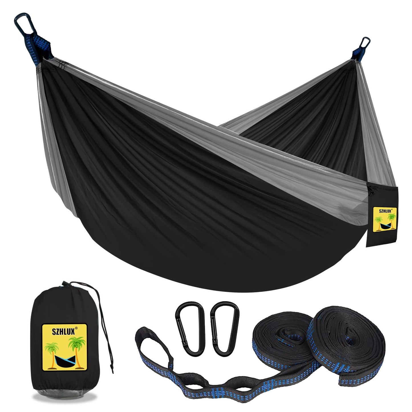 SZHLUX Camping Hammock Double & Single Portable Hammocks with 2 Tree Straps and Attached Carry Bag,Great for Outdoor,Indoor,Beach,Camping,Light Grey / Sky Blue