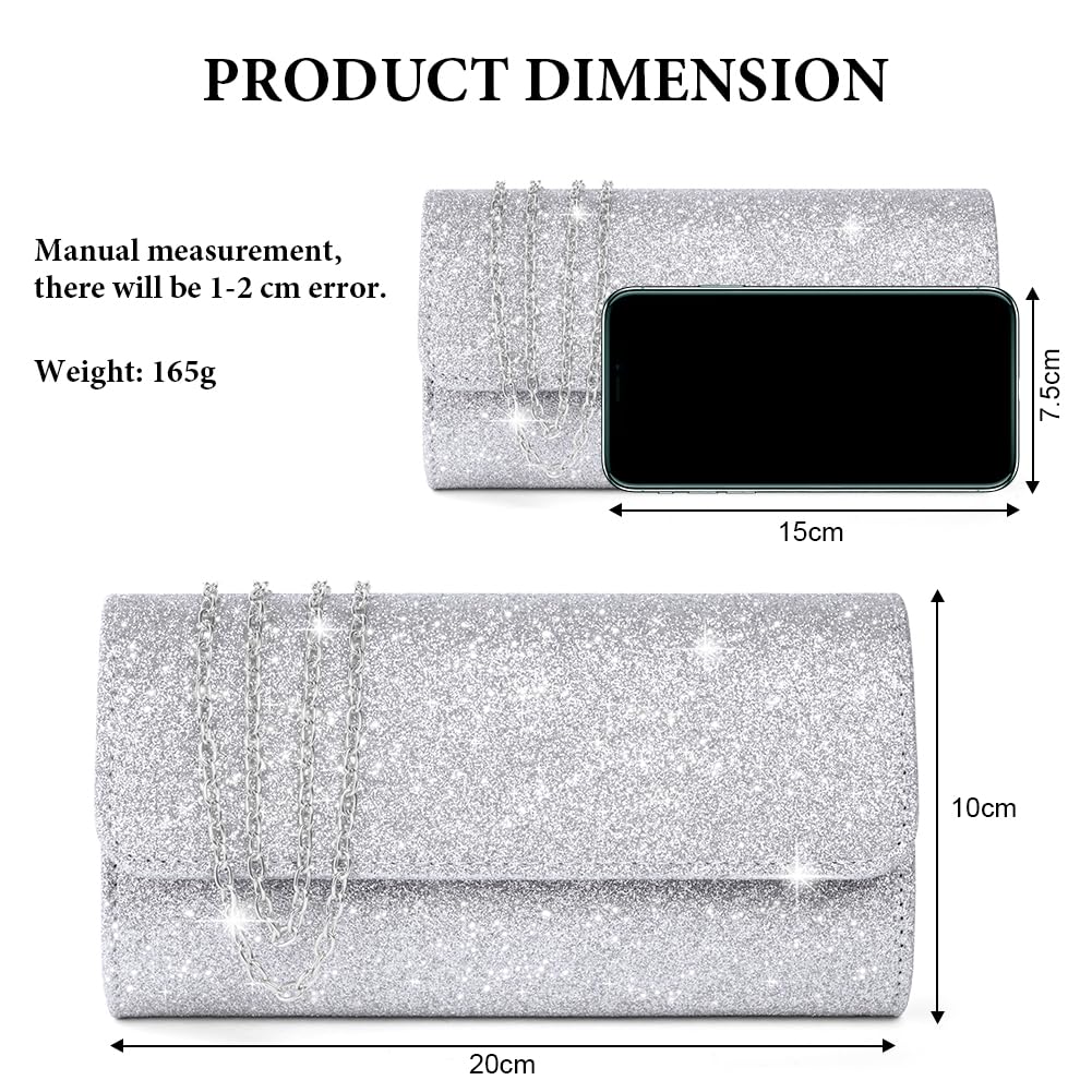 OSDUE Evening Bag Clutch Purses, Rhinestones Purse Silver Sparkling Wedding Party Purse Envelope Evening Bag with Detachable Chain for Women