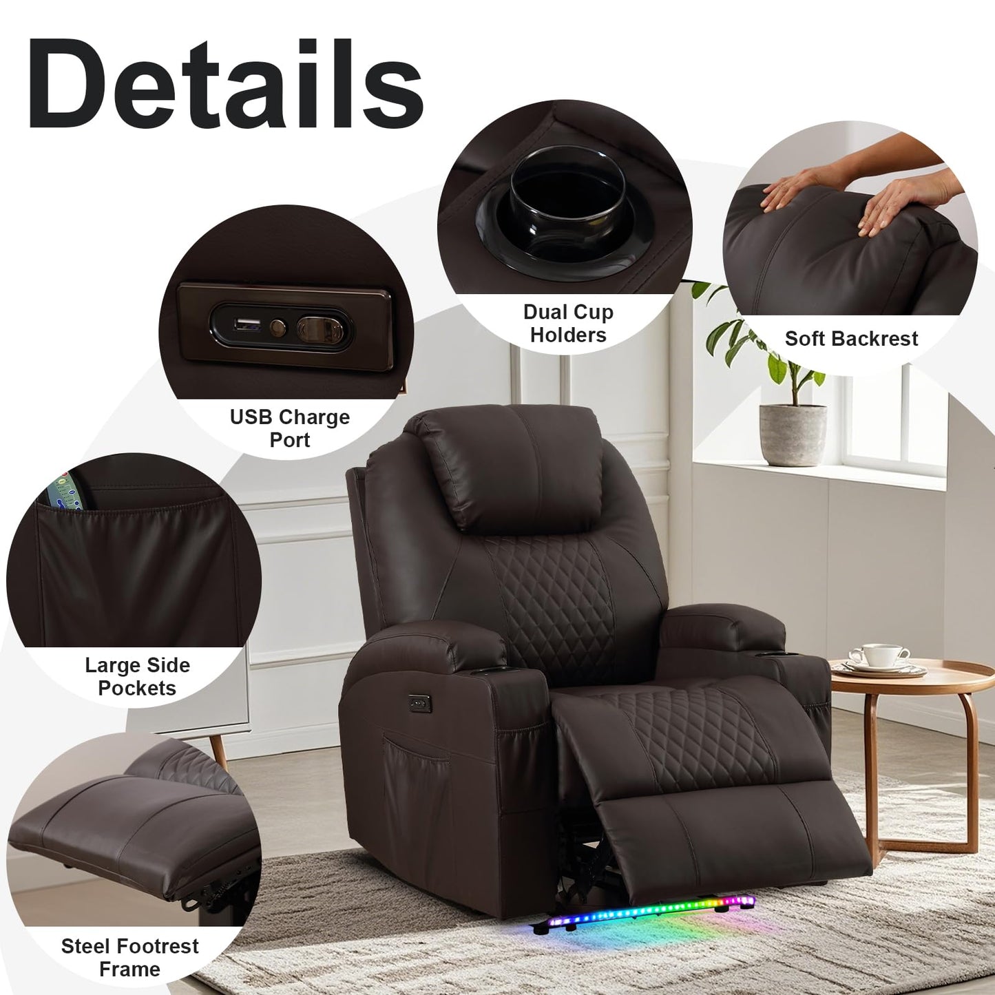 AHMED Power Recliner Chair with Vibration Massage & Heat for Adults, Faux Leather Home Theater Seating with Cup Holders/LED Lights/USB Ports/Side Pockets for Living Room (Brown, Single)