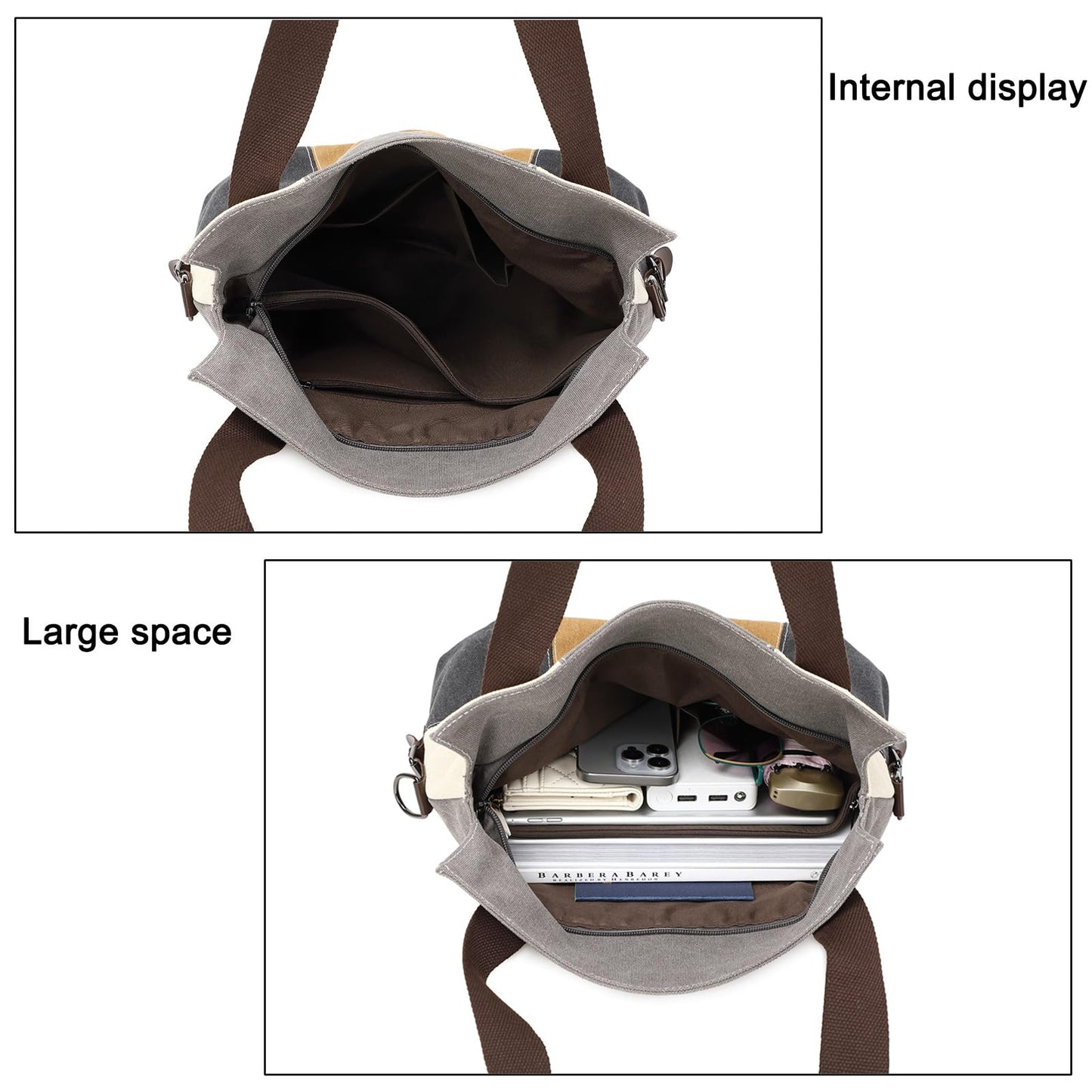 LAKE OF FIRE Women's Canvas Handbags Tote Purse for Work,Medium Casual Multi Pocket Crossbody Tote Bag with Shoulder Strap(Gray)