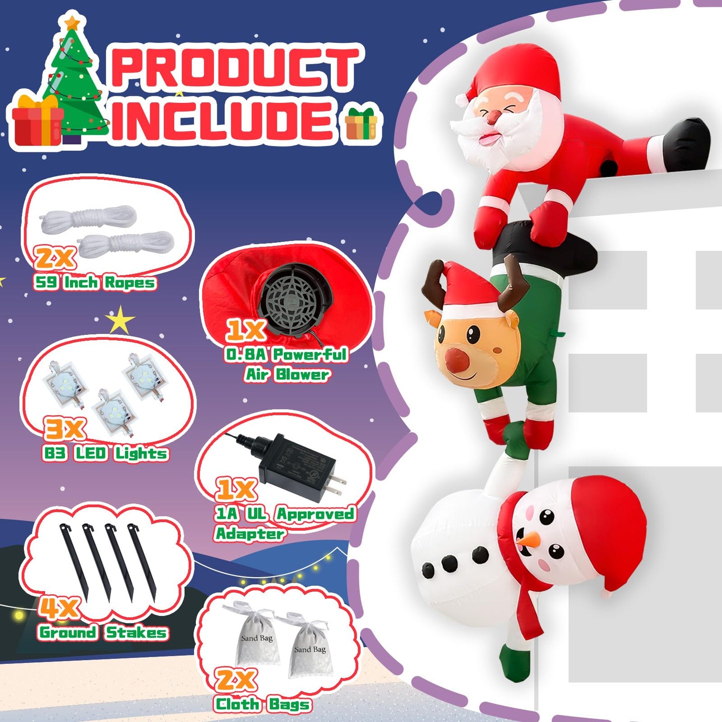 OurWarm 8FT Hanging Christmas Inflatables Decorations, Climbing Santa Claus with Reindeer & Snowman, Xmas Decor for Beam Roof Tree Indoor Home Party