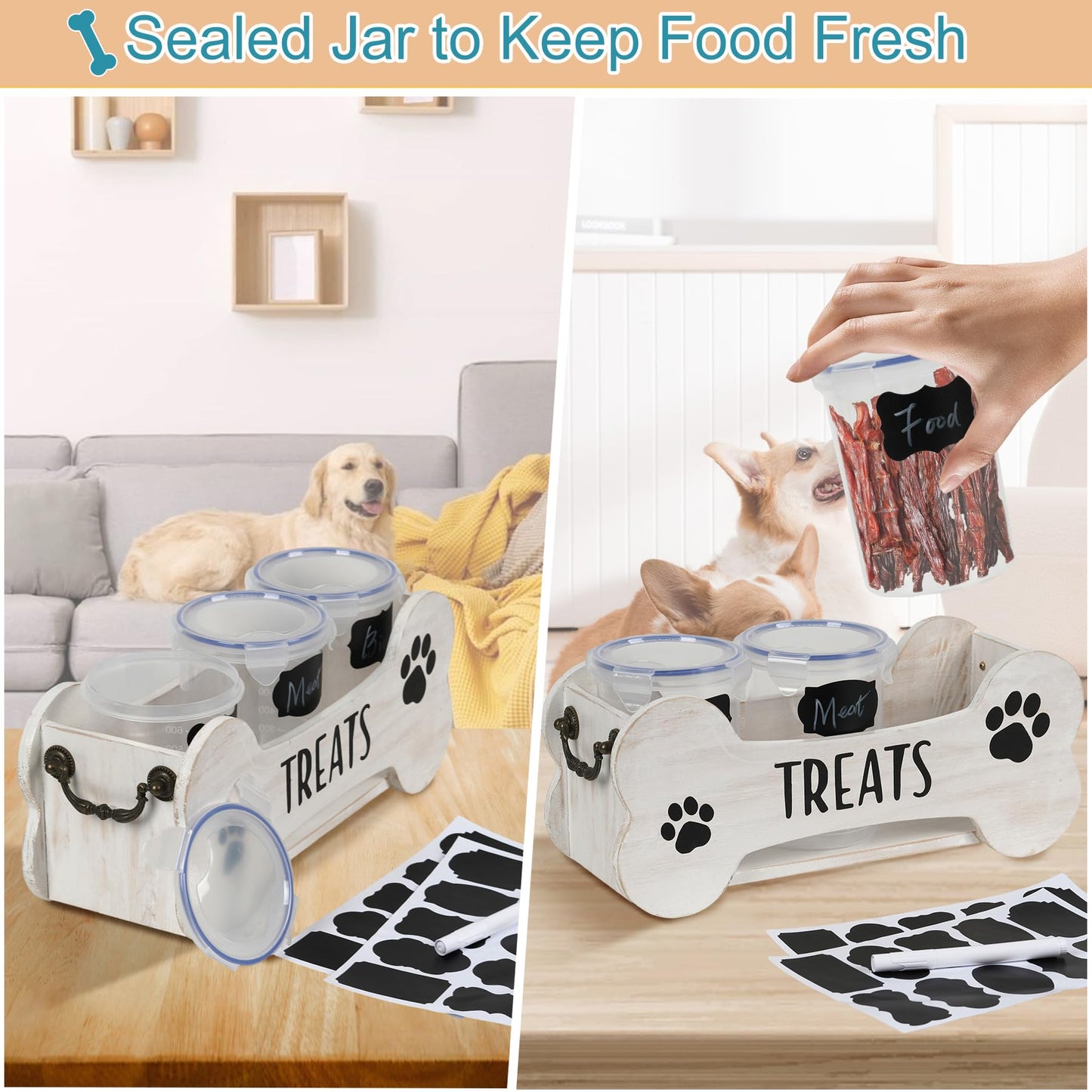 WGFKVAS Dog Treat Container Dog Food Storage Container for Countertop，Wooden Cat Food Storage Container with 3 Jars，Dog Treat Jar with Lid，Great Gift for Pet Dog Owners (White)
