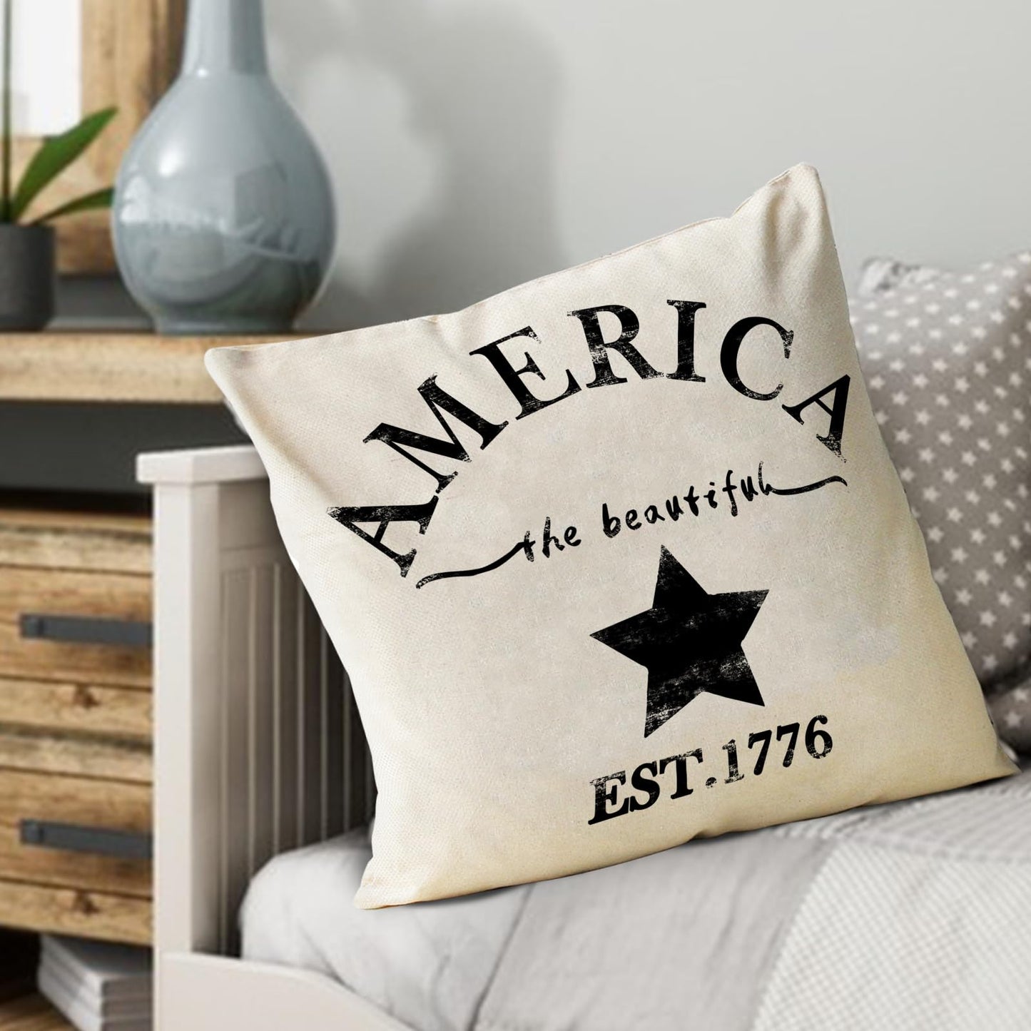 Fjfz July 4th Farmhouse Decorative Throw Pillow Cover America Est. 1776 Patriotic Sign Decoration Rustic Home Decor Cotton Linen Cushion Case for Sofa Couch, 18" x 18"
