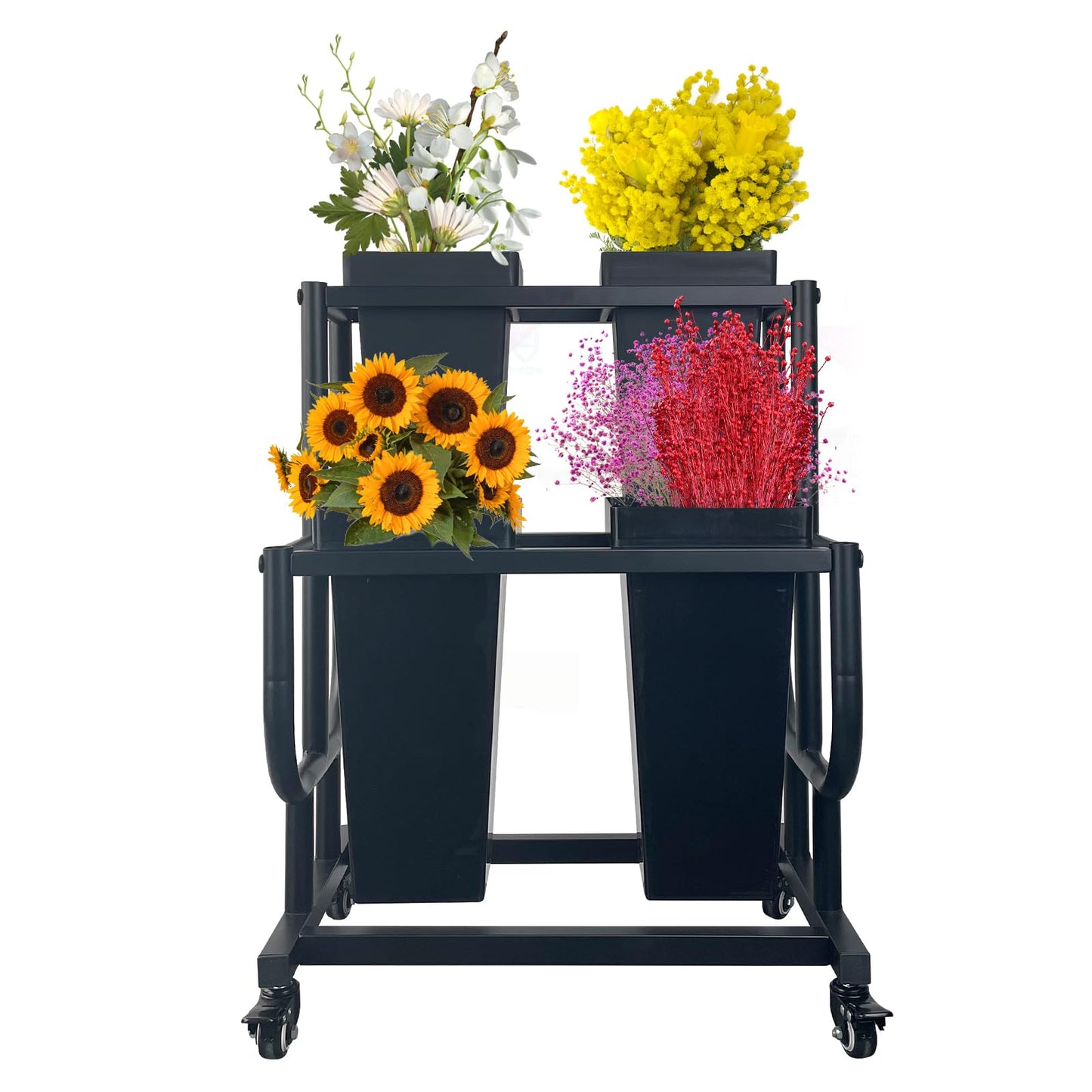 Tongmo 2-Tier Flower Display Stand with 4 Buckets - Movable Plant Cart for Heavy Duty Flower Rack - Perfect for Flower Shops, Homes, Cafés, and Offices (2-Tier with Bucket)