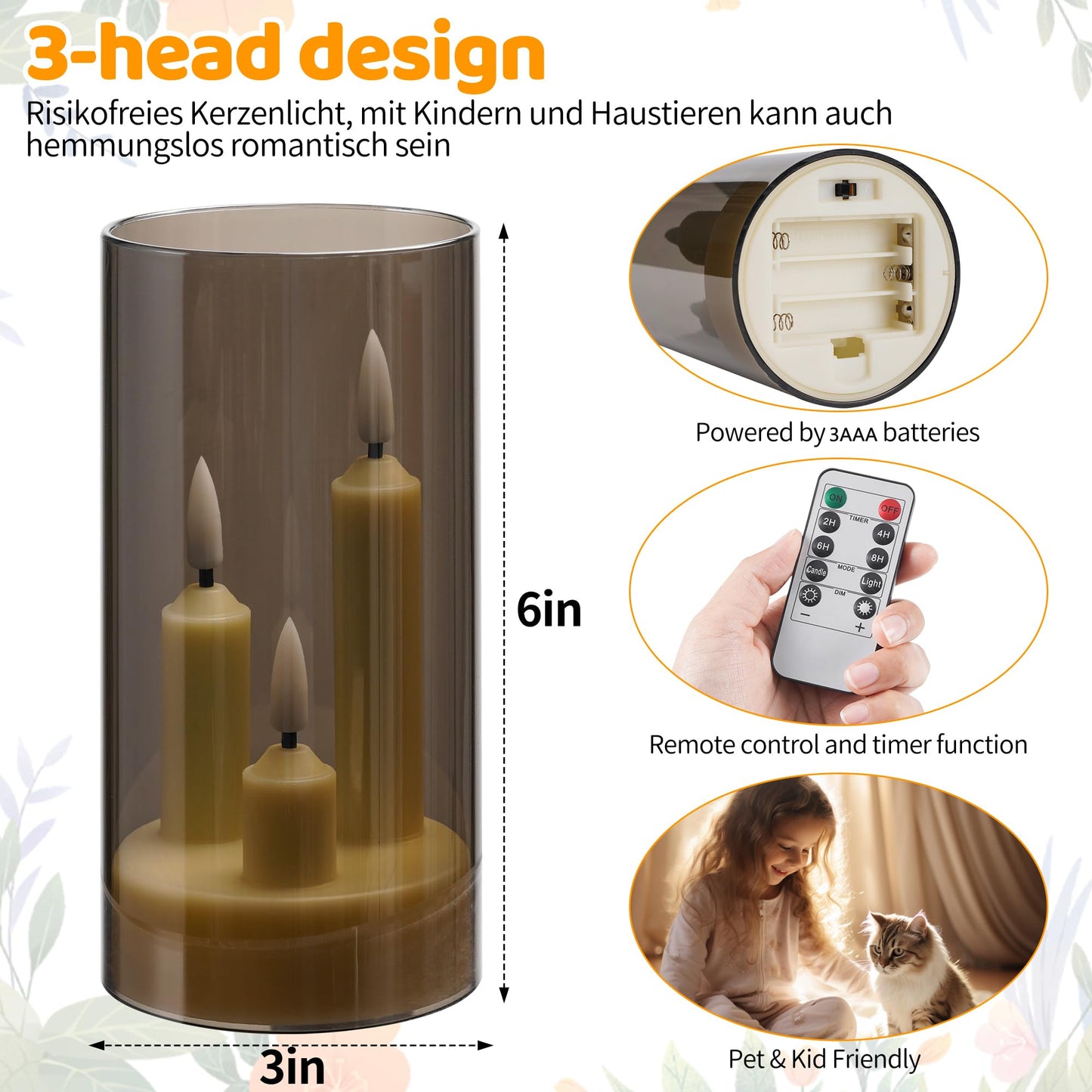 Da by Flameless Candle, Battery-Powered Candle with Remote Control and Timer, LED Three-Wick Pillar Candle, Romantic Wedding, Perfect Home Décor, 2 Pack (Grey)