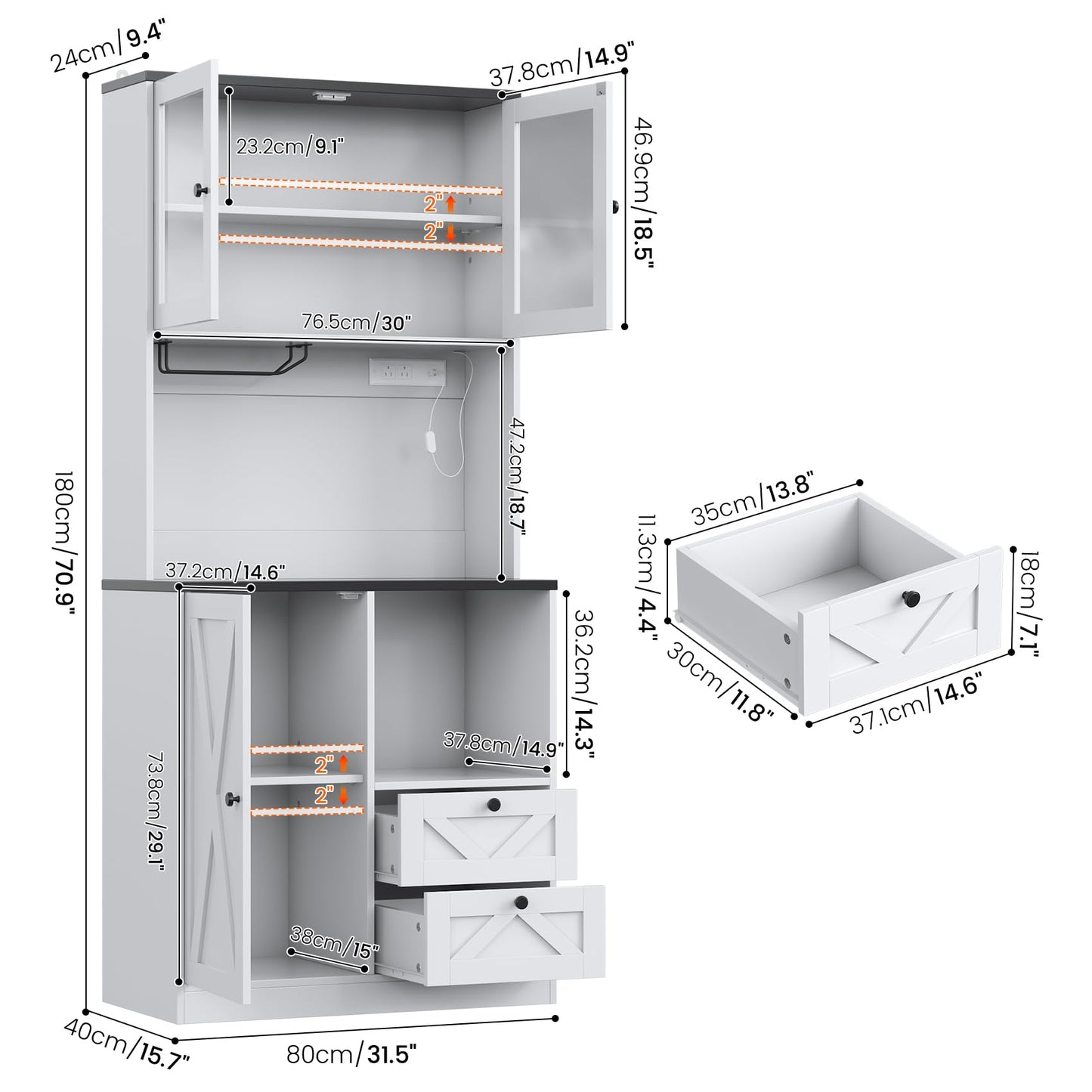 CBBPET 71" Tall Coffee Bar Cabinet with Storage Hutch, Farmhouse Kitchen Pantry Cabinet with LED Lights Microwave Stand and Glass Holder for Home Dining Room Kitchen,White