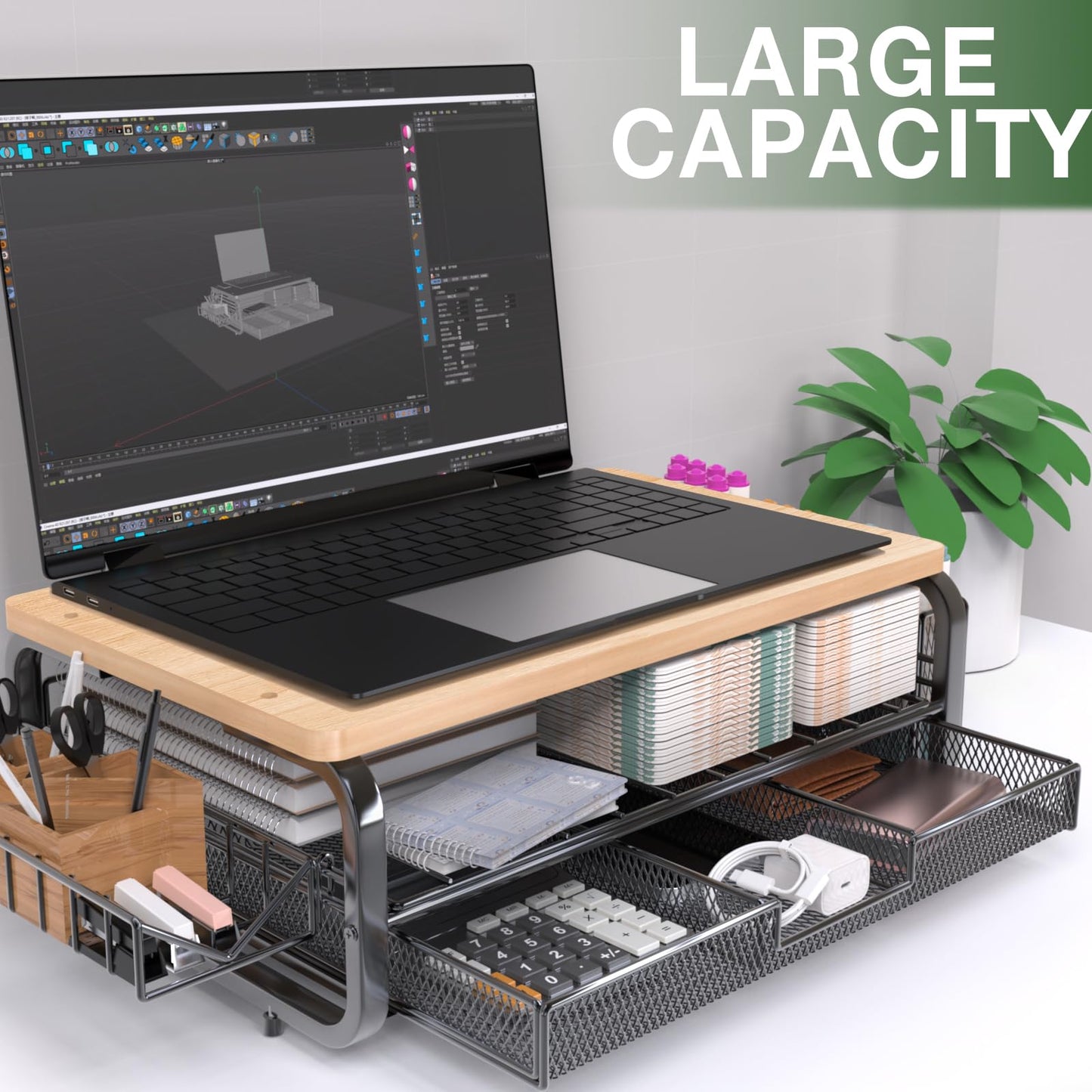 Qatsrin High Grade Wood Monitor Stand Riser, Large Capacity Monitor Stand with Drawer, Monitor Stand for Desk with Plug Holder Pen Holder, Monitor Riser Desk Organizer for Laptop iMac, Original Wood