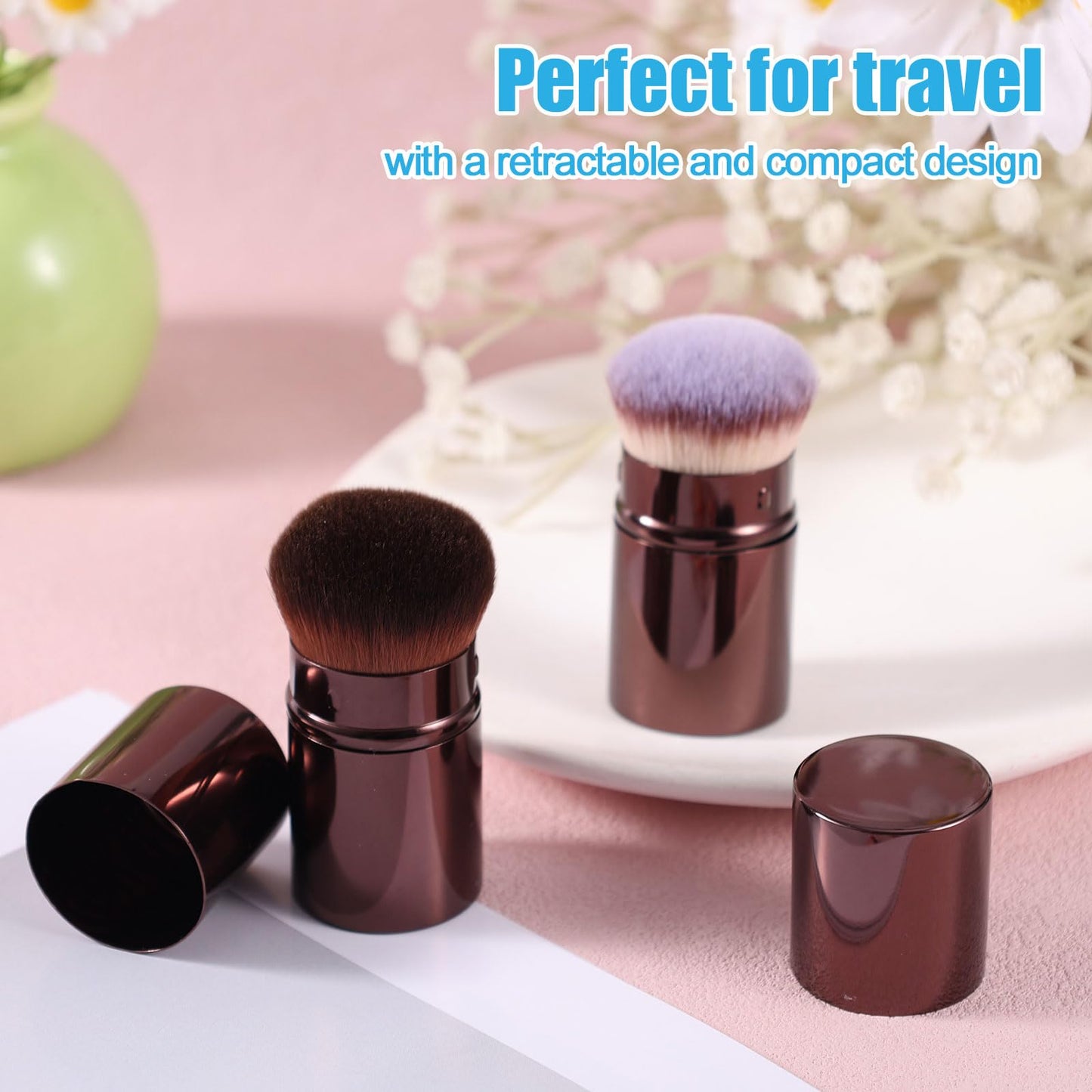 2pcs Travel Face Blush Brushes, Retractable Makeup Brush Portable Foundation Sunscreen Brush for Blending Cosmetics(Coffee + Three-Color Hair)