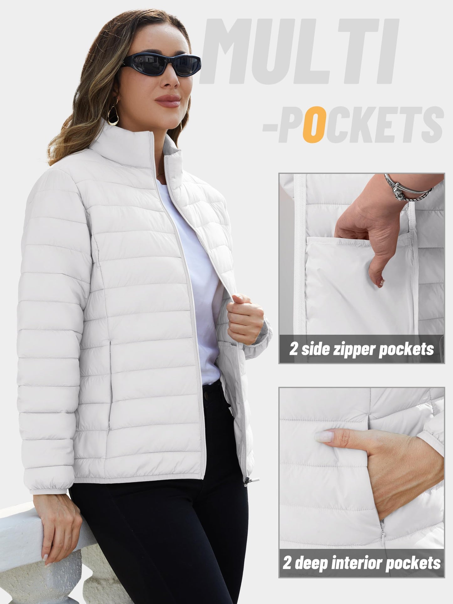 TACVASEN Puffer Jacket Women Quilted Lightweight Jackets Stand Collar Full-Zip Down Alternative Winter Coats with 4 Pockets White, XL