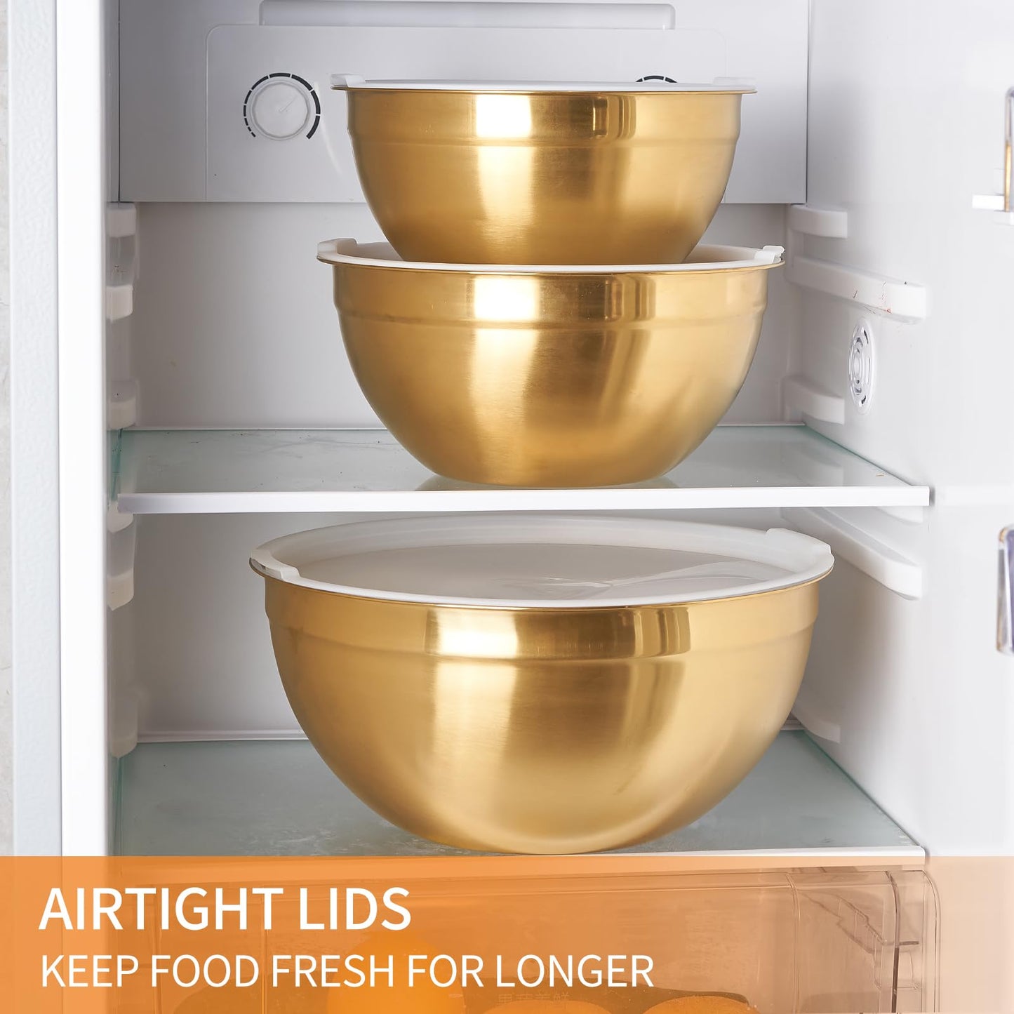 Moxinox Gold Mixing Bowls with Airtight Lids, Stainless Steel Nesting Mixing Bowls Set of 7, Ideal for Baking, Prepping and Serving Food, Size 7, 3.6, 2.7, 2.1, 1.5, 1.1,0.8 QT, Stackable Design